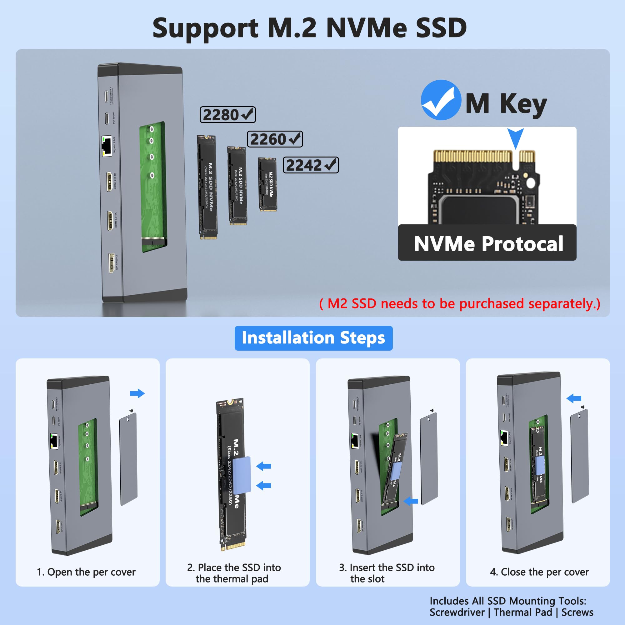 Docking station per laptop 3 monitor per Dell/HP/Lenovo/Mac, 15 in 1, docking station USB C, doppio monitor con slot SSD M.2 NVMe, dock triplo display 4K a 60 Hz con HDMI/Displayport/PD/LAN/SD/TF
