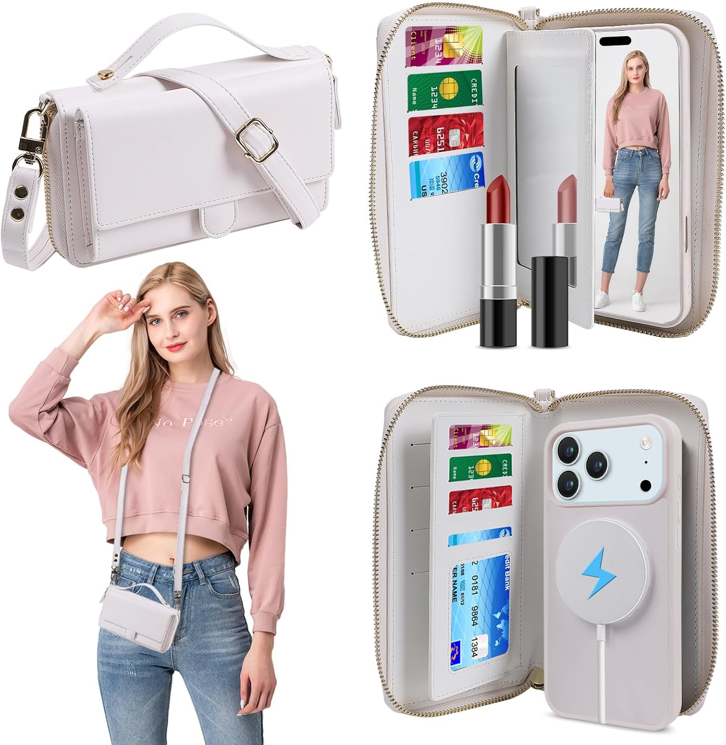 Lacass for iPhone 17 Pro Detachable Crossbody Wallet Case, Compatible with MagSafe Magnetic 2 in 1 RFID Blocking PU Leather Wallet Cover Card Holder Zipper Make Up Mirror (White)