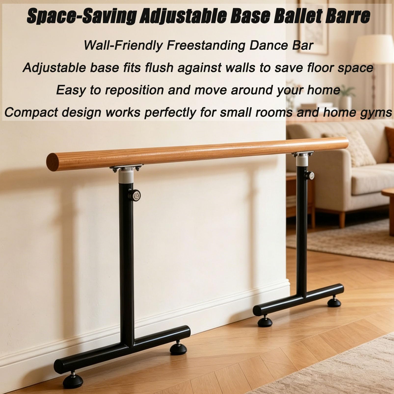 Barra de Ballet Independiente, Ajustable en 7 Niveles, de Madera Maciza | Base Antideslizante con ventosas, Barra de Madera con núcleo de Acero, Barra de Estiramiento para niños y Adultos, e