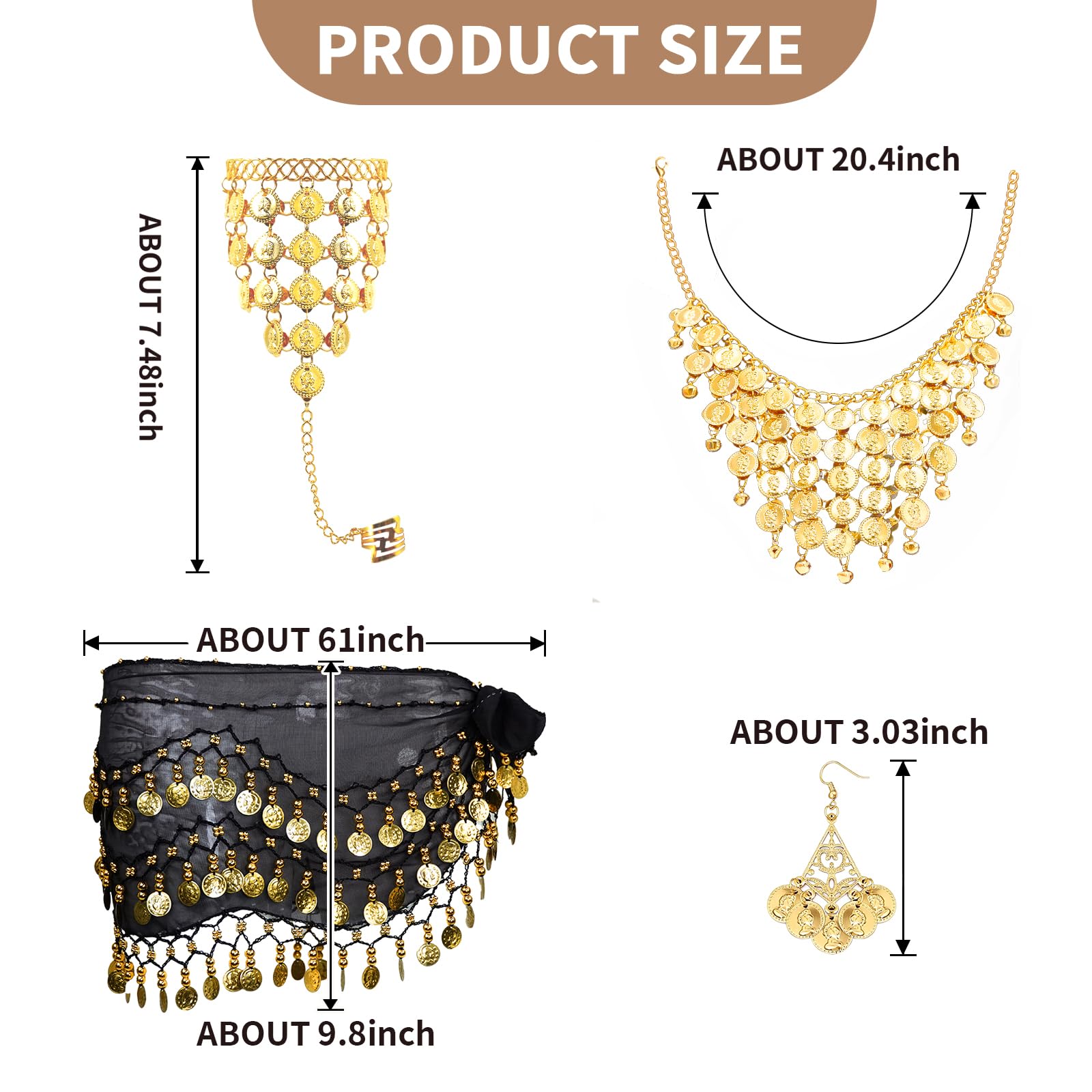 Baisdan 7 Pcs Belly Dance Jewelry Set, Fortune Teller Costume, Belly Dance Hip Scarf with Gold Coins, Sequin Head Chain - Image 3