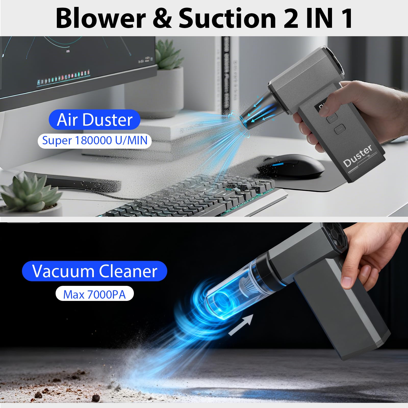2 en 1 soplador de polvo eléctrico y mini aspiradora – 180.000 rpm pulverizador de aire comprimido con potencia turbo de 100 niveles comprimido con pantalla LED 8000 mAh batería soplador para PC