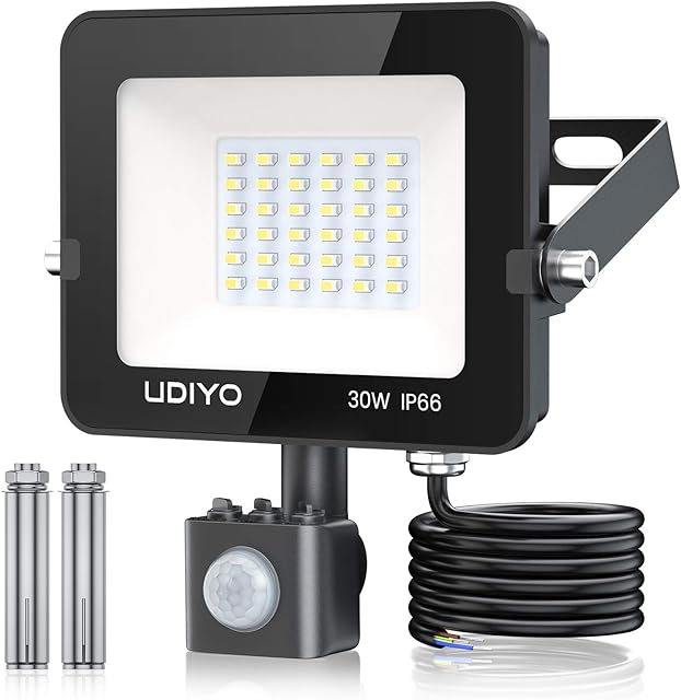 UDIYO Security Light with PIR Motion Sensor, 30W Outdoor LED Floodlight 3000 Lumens Super Bright, LED Flood Lights with 1.5M Power Cable, IP66 Waterproof for Garden, Yard, Garage, 6500K