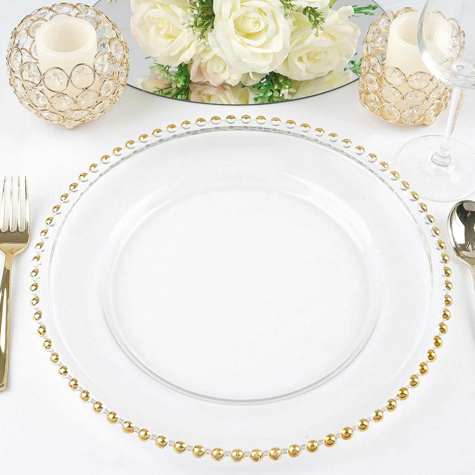 Balsa Circle 8 pcs 12-Inch Clear Glass Charger Plates with Gold Beaded Rim Dinner Chargers Wedding Party Supplies Holidays Occasions