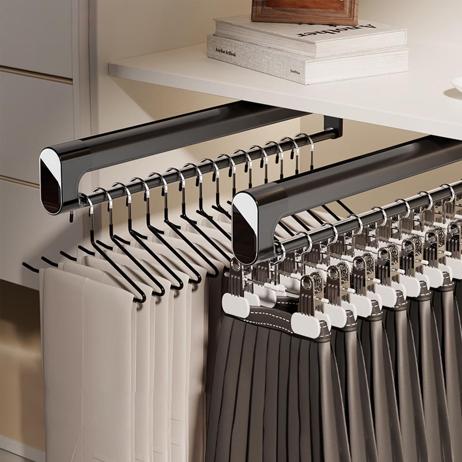 Barra Armario Extensible, Pantalonero Extraíble Amortiguada 542 mm | barra telescópica para armario, carga 25kg, aluminio y acero laminado, slencioso y antideslizante, ahorrar espacio