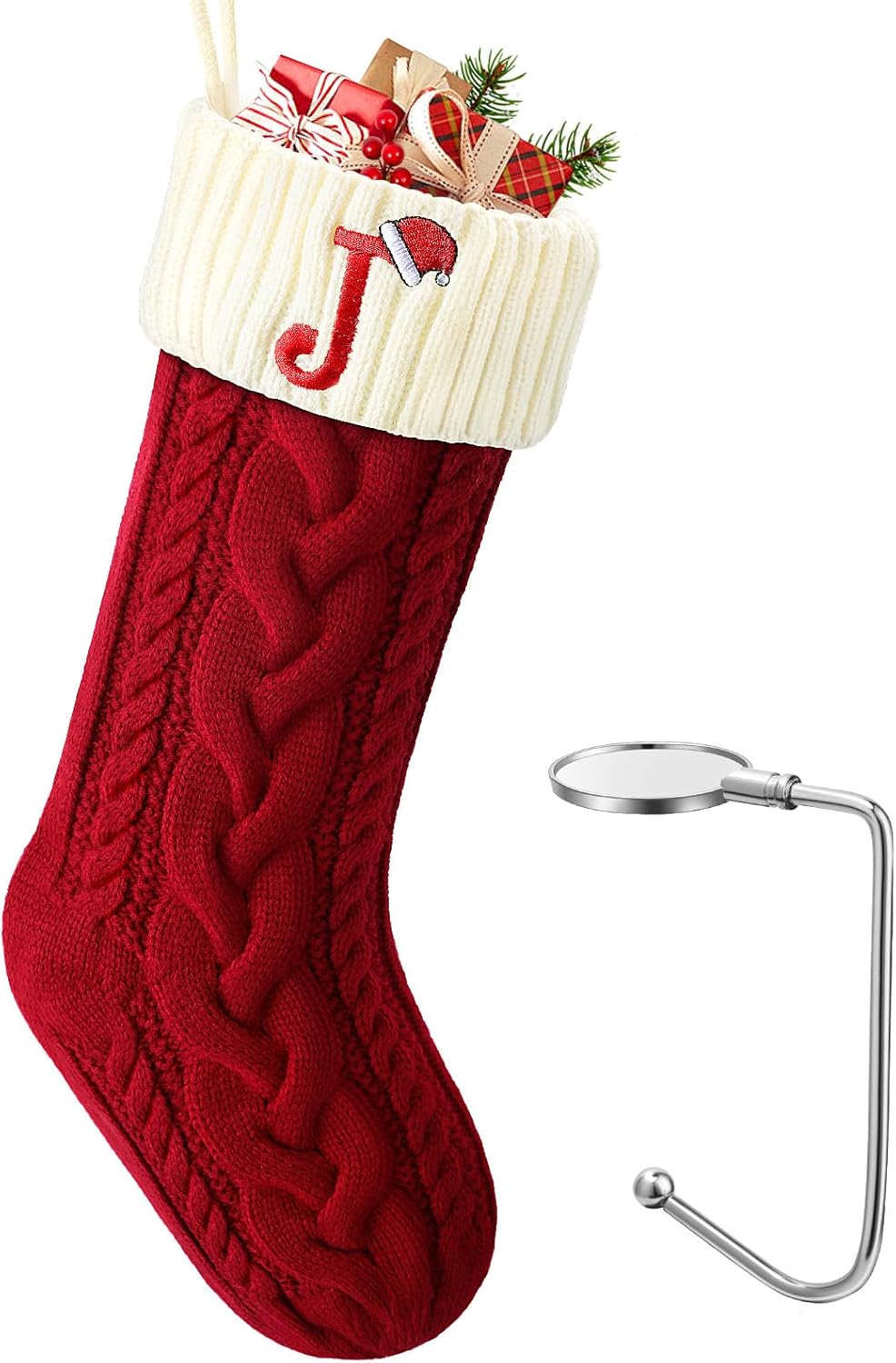 Large Christmas Stocking with Initials, Embroidered Knit Christmas Stocking with Hook, Custom Christmas Stockings, Xmas Stockings for Family Fireplace Holiday Party Gift Red J