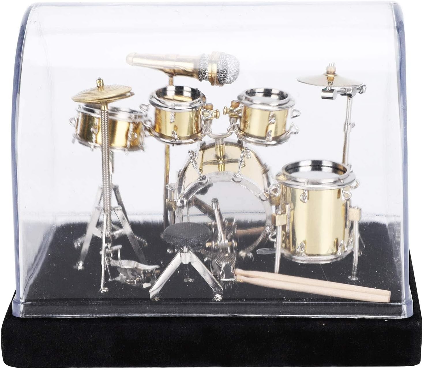 Mini Drum Set Model, Detailed Decorative Display Replica for Home Office Metal Plastic 14 x 9.6 x 11cm with Base Transparent Cover Beating Sticks Non Playable Gift