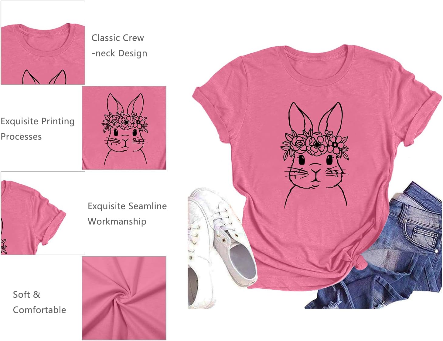 Happy Easter Shirts for Women Cute Leopard Bunny Shirt Funny Easter Letter Casual Holiday Tops - Image 5