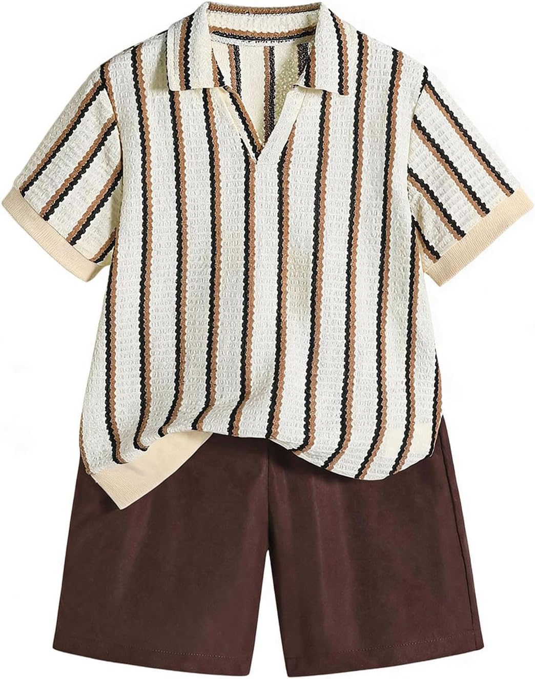 GORGLITTER Boy's 2 Piece Outfits Casual Striped Collared V Neck Short Sleeve Shirt and Elastic Waist Shorts Set