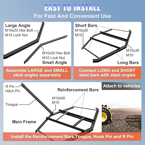 Miniatura 6 de VEVOR Arrastre de entrada de 74 pulgadas de ancho, grada de remolque detrás de arrastre de 39 pulgadas de largo, 4 pulgadas de altura, grada de