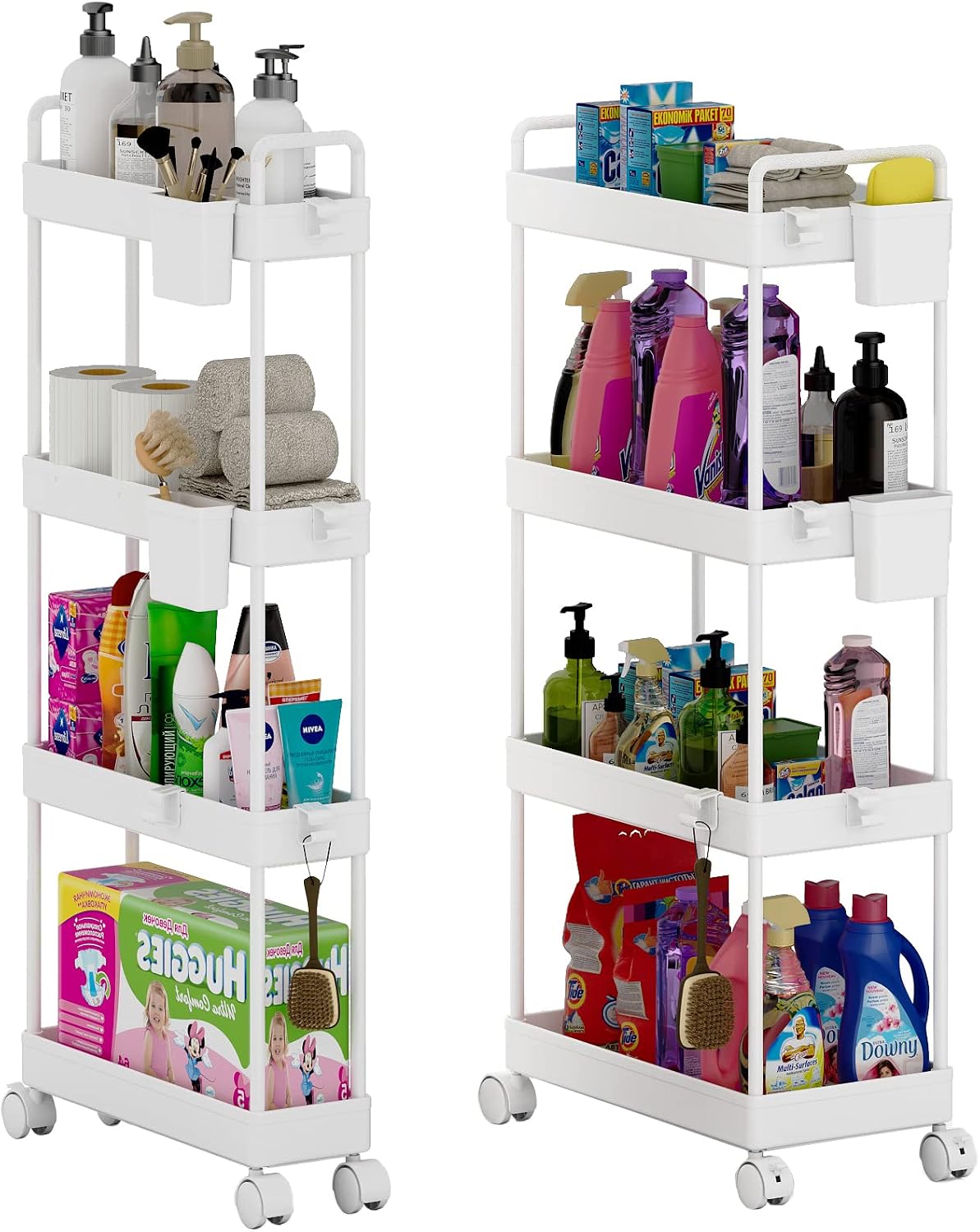 2 Pack 4 Tier Slim Storage Cart, Bathroom Organizer Laundry Room Organization Rolling Utility Cart with Wheels, Mobile Shelving Unit Slide Out Cart for Pantry Bathroom Kitchen Office Narrow Places