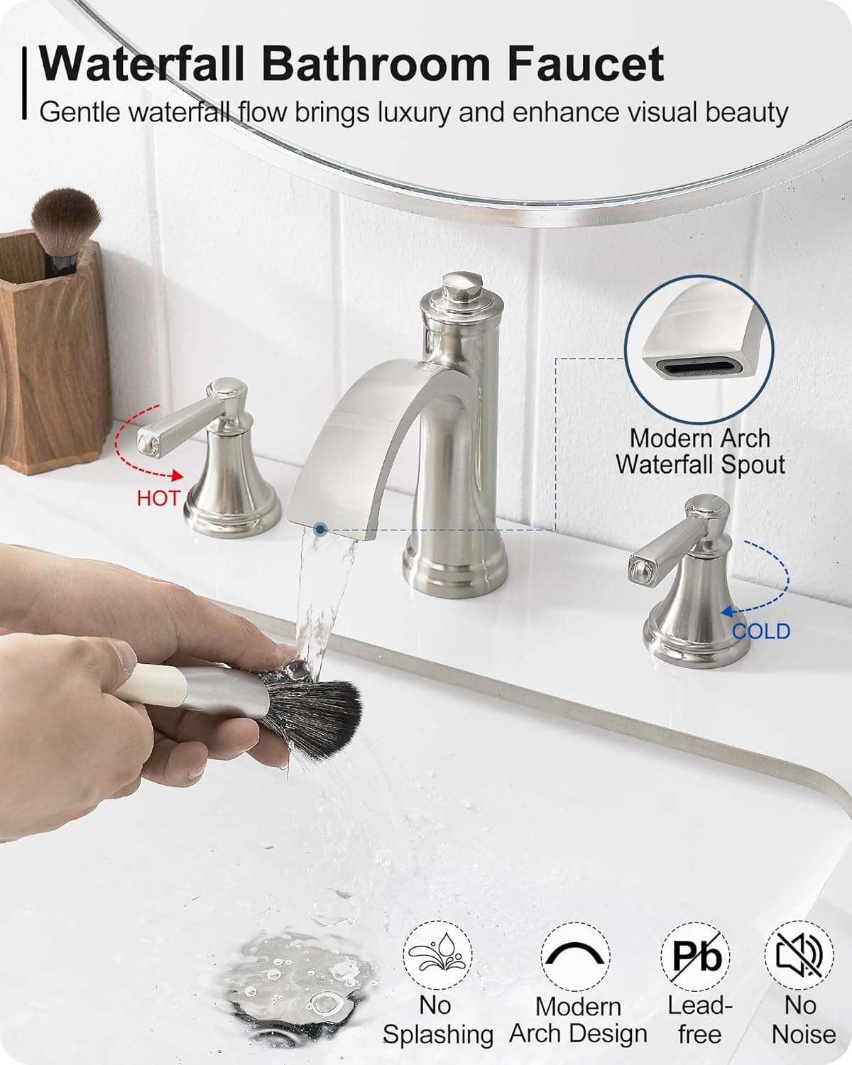 Brass Waterfall Bathroom Faucets, Brushed Nickel Bathroom Faucet 4-16 Inch, 2 Handle Widespread Bathroom Sink Faucet 3 Hole with Pop Up Drain and Supply Lines - Image 2