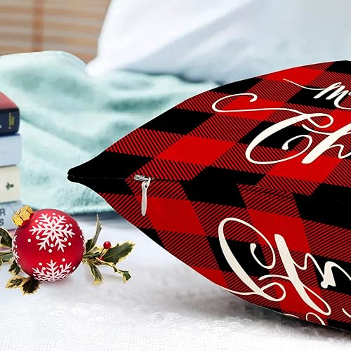 Miniatura 3 de Jbralid Fundas de almohada de Navidad de 16 x 24 pulgadas color rojo y negro a cuadros decoración de Navidad árbol de Navidad funda de almohada de