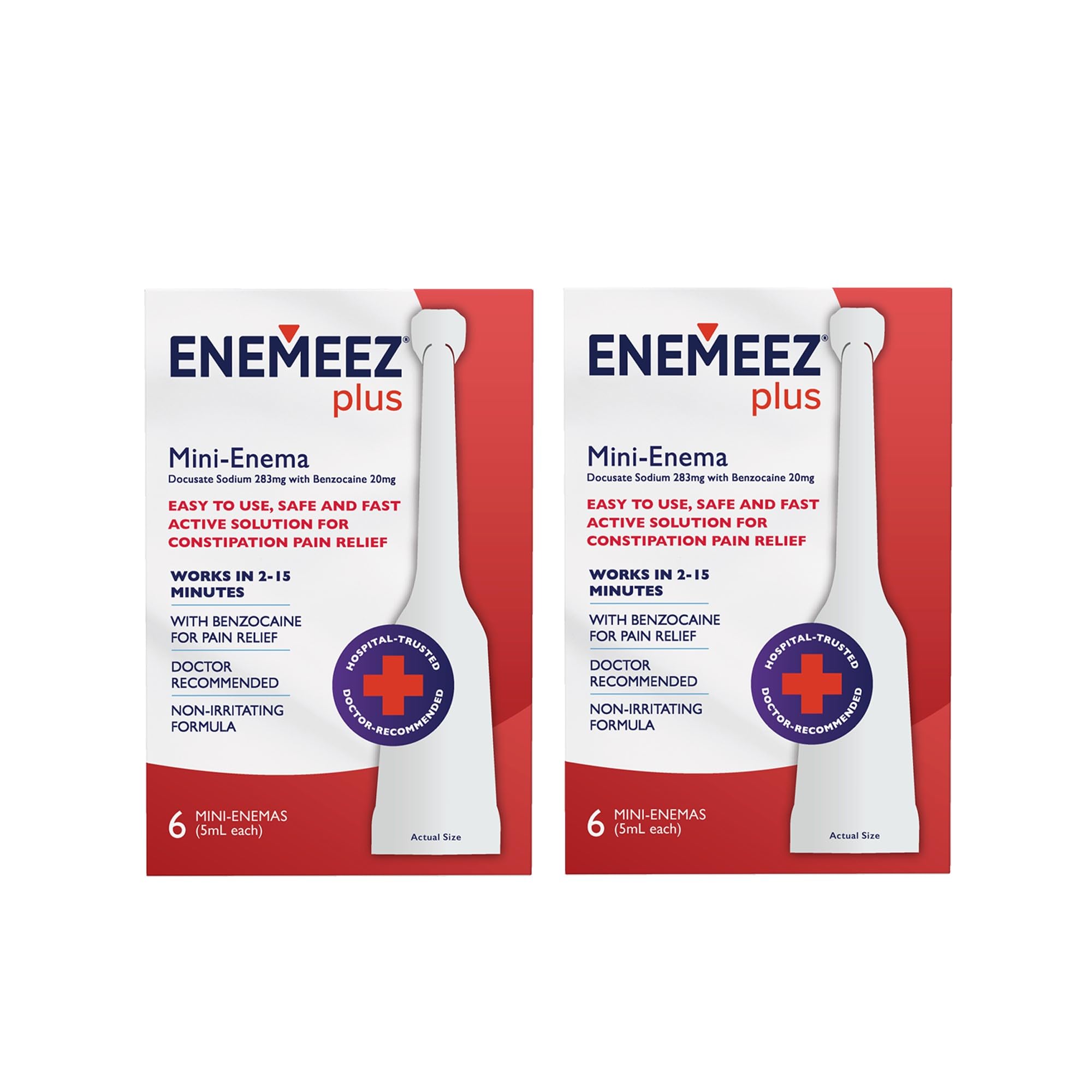 Enemeez Plus Mini-Enemas, docusate Sodium with benzocaine Stool Softener, Fast-Acting Constipation Relief, Promotes Bowel Movement in 2-15 Minutes, 2 Boxes of 6 Each, (12 Total) Single-Use 5ml Tubes