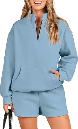 ANRABESS Women 2 Piece Outfits Sweatsuit Oversized Half Zip Collared Sweatshirt & Short Set Lounge Wear Tracksuit Set