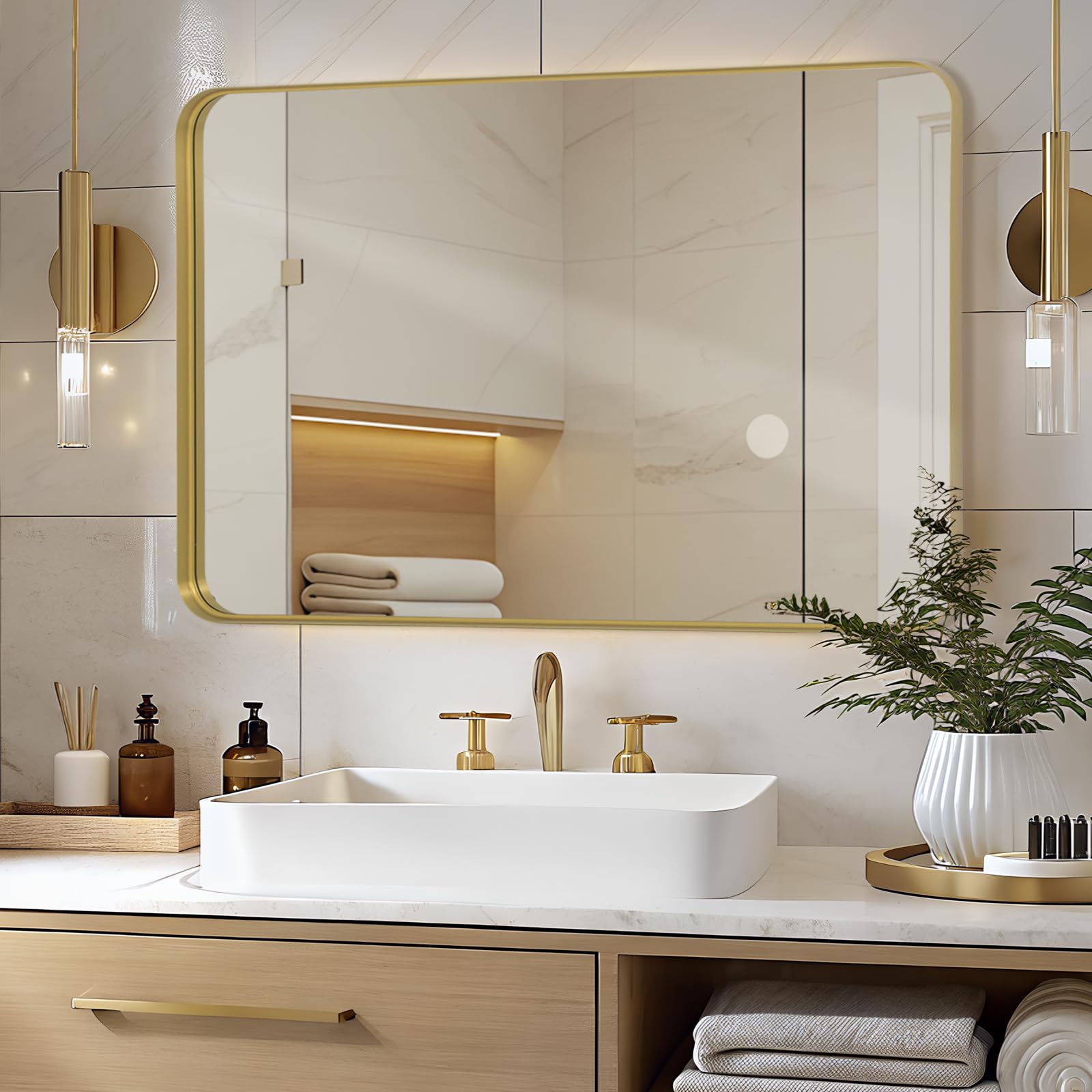 LunaMirror Wall Mirror 75x100 CM Wall-Mounted Bathroom Vanity Mirror Shadow Box Gold Frame Wall Decor Rectangle Wall Hanging with Curved Corners for Hallway Entrance Living Room Bedroom