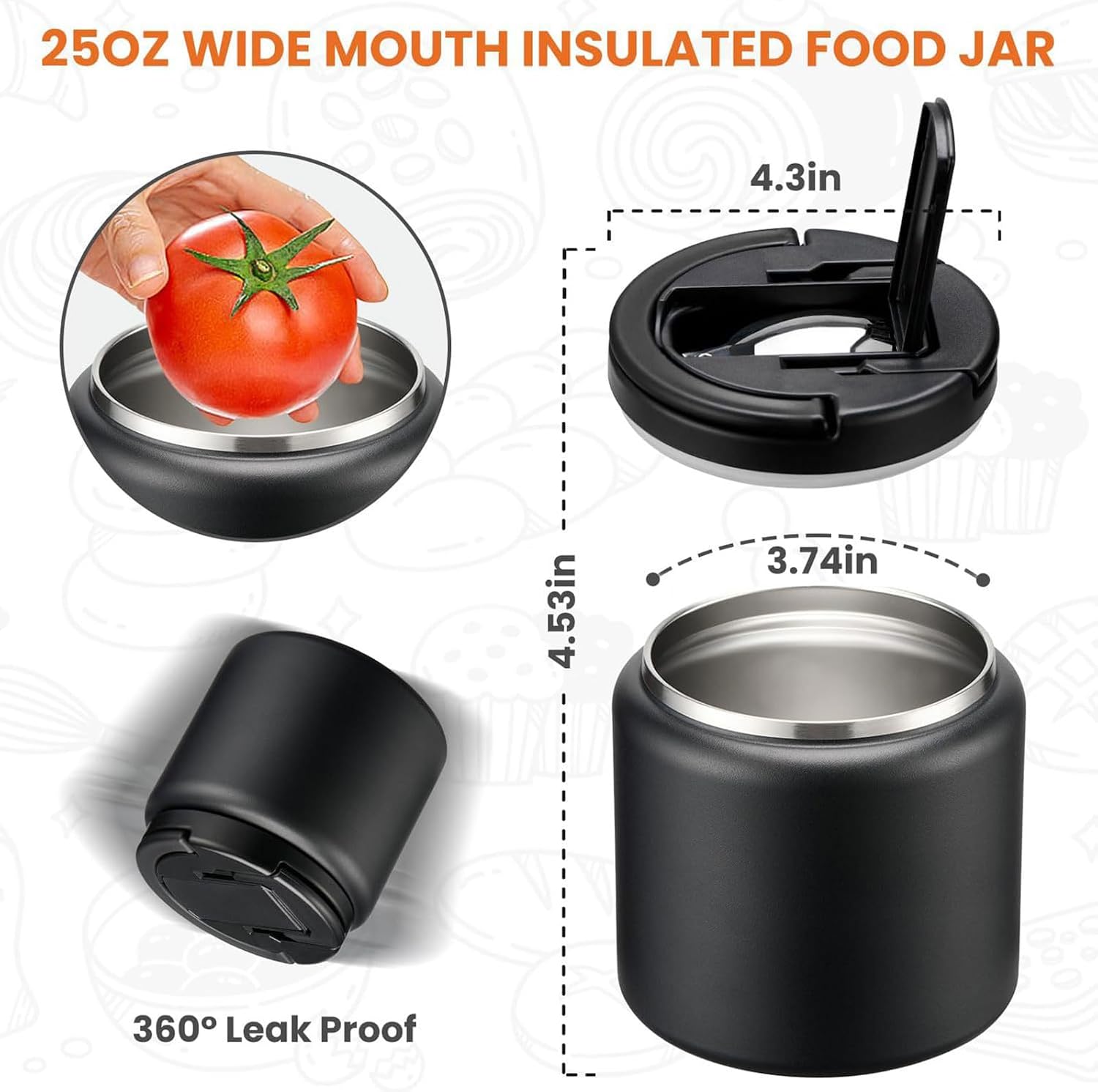 Peiiwdc 16 Fluidounce Tightly Sealed Food Storage Box with Foldable Spoon Hidden Handle Great for Work Studies Easy Food Vacuumflask