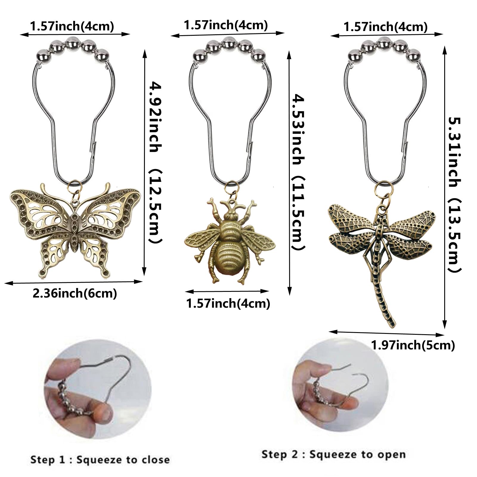 12Pcs Dragonfly Butterfly Bee Shower Curtain Hooks?Rust Proof Stainless Steel Shower Curtain Rings for Spring Garden Floral Insect Nature Theme Home Bathroom Decor