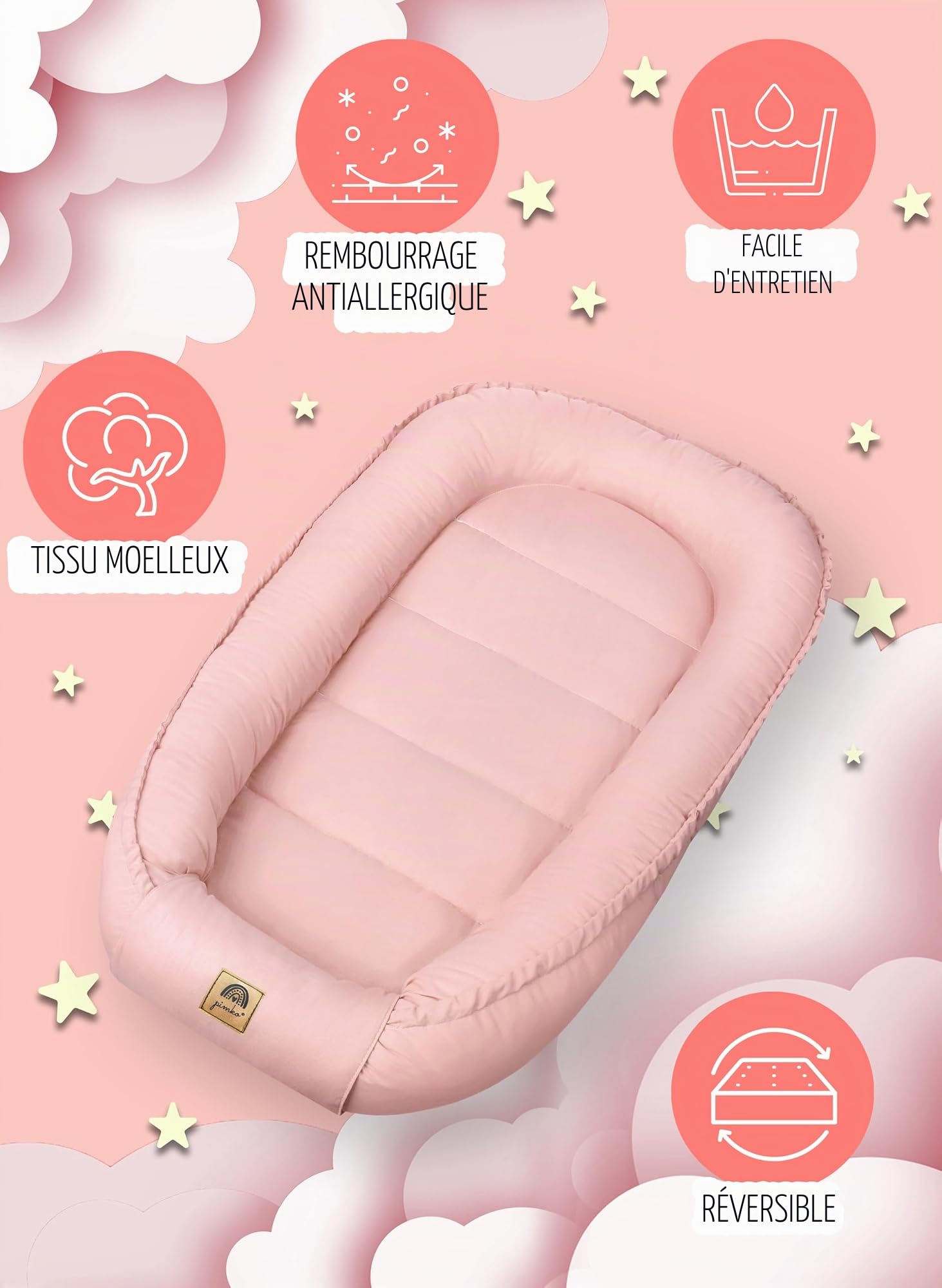 PIMKO Nid d'ange pour bébé - Nid douillet 2 côtés - Pour nourrissons et nouveau-nés - 100 % coton - Convient pour la maison - 55 x 90 cm (rose avec rabat)