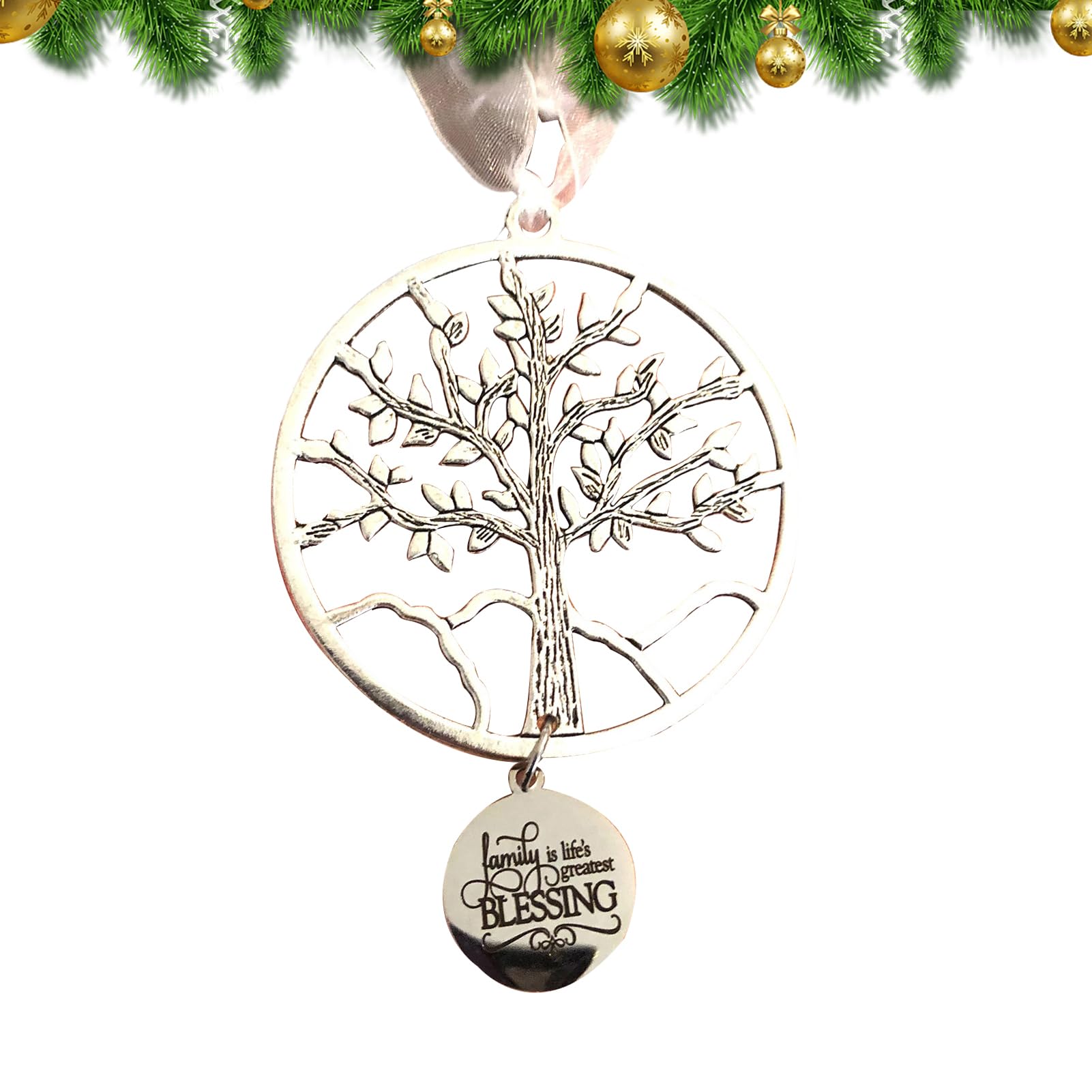 Zorq Silver Hollow Christmas Ornaments, Christmas Hangings Ornaments With A Blessing Inscription, Snowflake/Pentagram/Tree Of Life/Snowman Christmas Party Pendant Gift