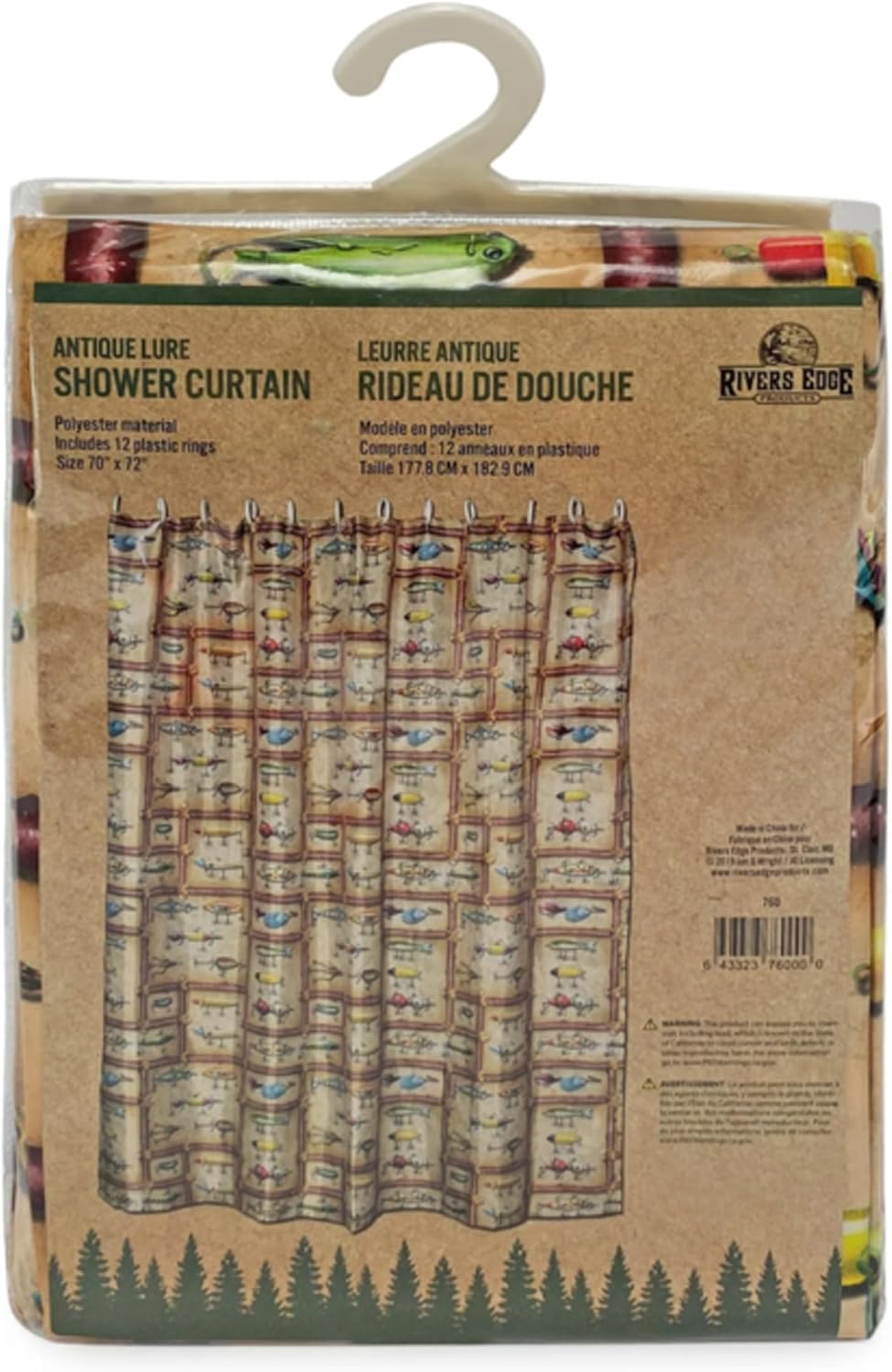 Rivers Edge Products Antique Fishing Lure Bathroom Shower Curtain, 70 x 72 Inches, Unique Graphic Bath Curtain with Hooks, Printed Antique Licensed Art, Fishing Lure