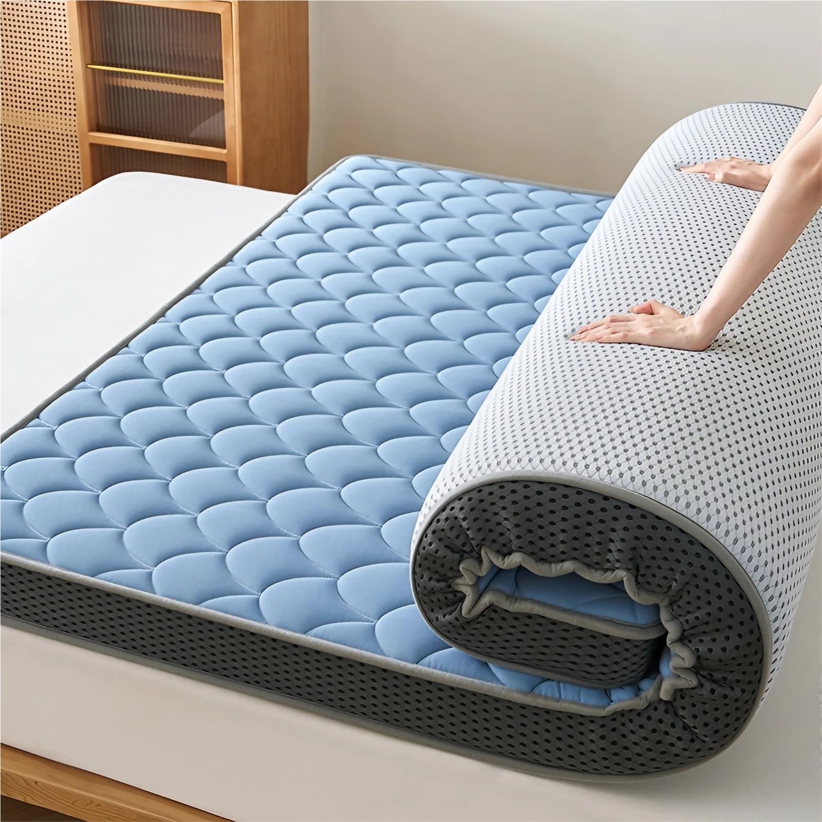 6 cm grubości, mocny, wygodny lepkosprężysty nakładka, przenośny japoński materac futon, dla par, na podróż i do użytku na podłodze, niebieski, 190 x 80 x 6 cm