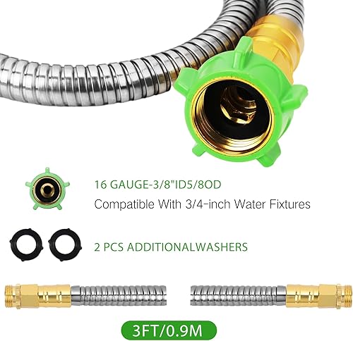 Miniatura 5 de Zonon Manguera corta de jardín de 3 pies, manguera corta de metal para agua, manguera corta de acero inoxidable resistente con accesorio de metal,