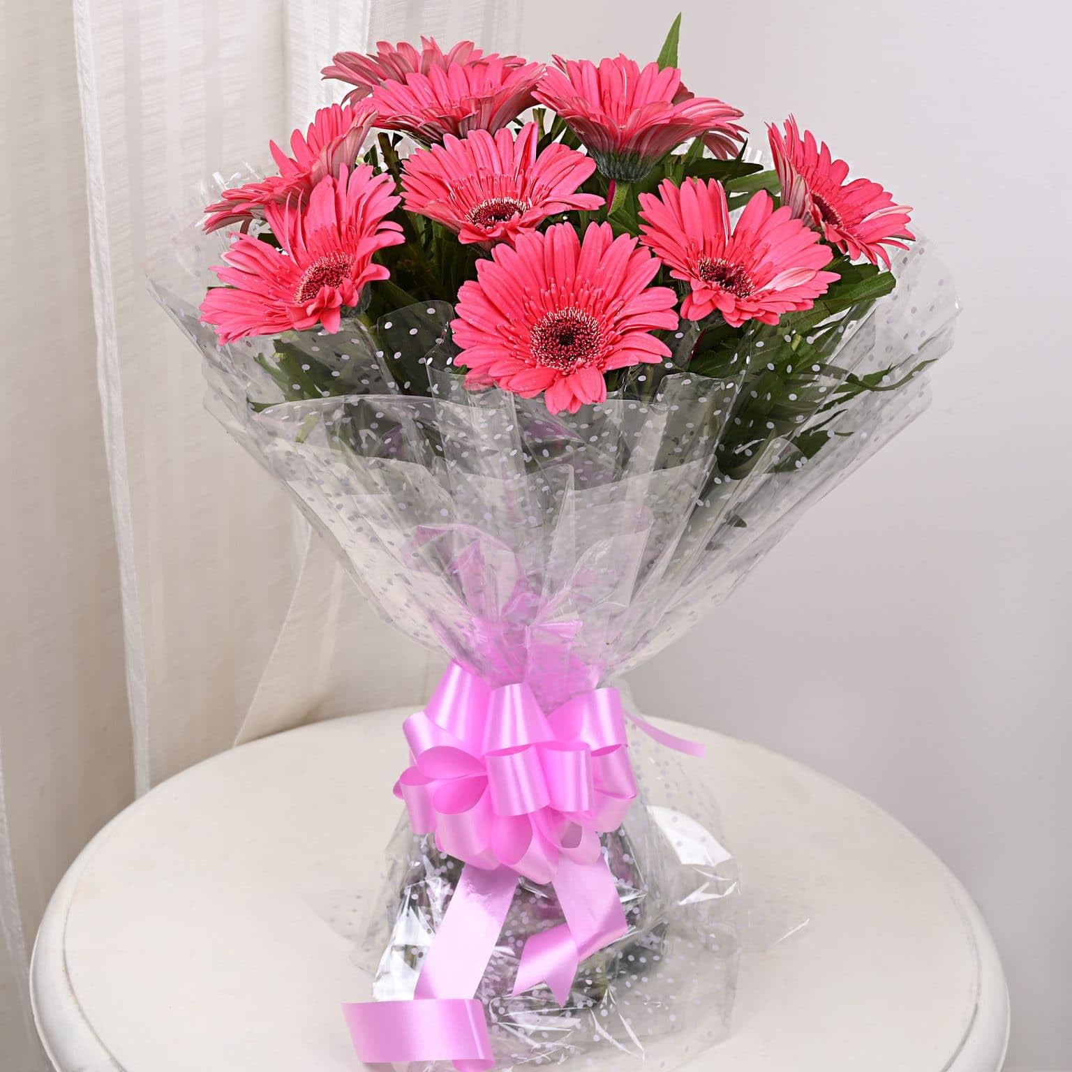 IFG's Bouquet of 10 Pink Gerberas in Transparent Wrap. | Send it on Birthday, Marriage Anniversary, Mother's Day, Valentine's Day, Congratulations & Retirement. | India-wide Delivery in 4 hrs-picture-17
