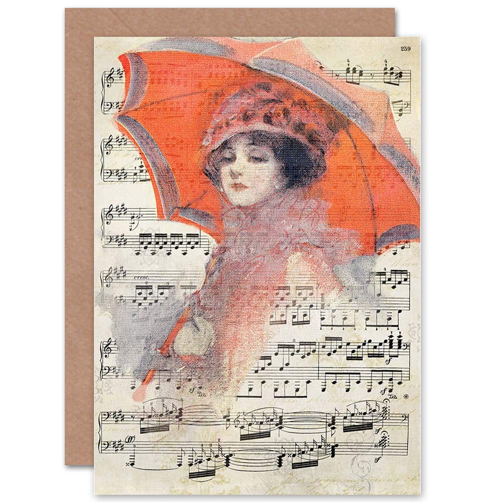 Wee Blue Coo GREETINGS CARD BIRTHDAY GIFT MUSIC SHEET WOMAN RED UMBRELLA DRESS