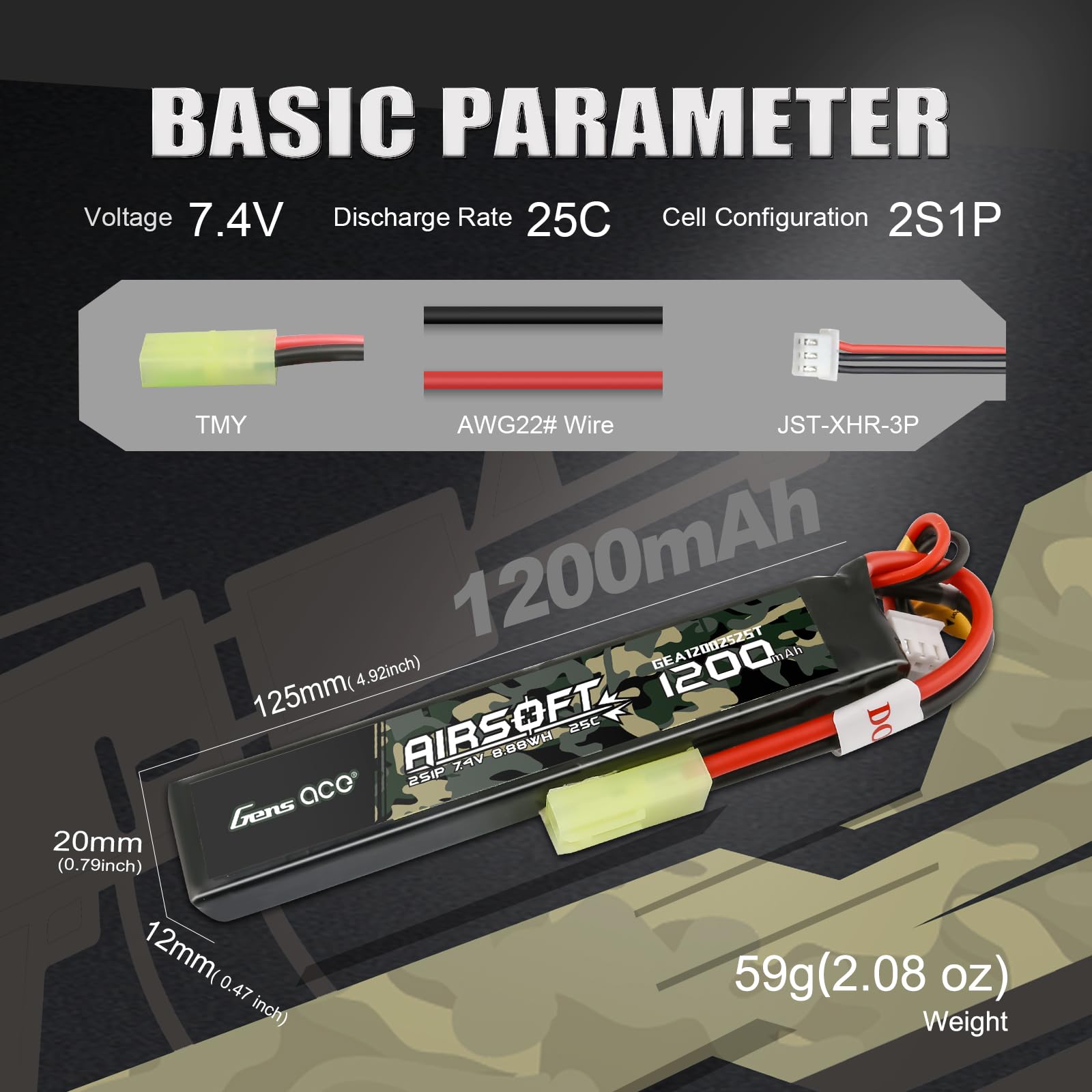 Gens ace 25C 1200mAh 2S1P 7.4V Airsoft Battery with TMY Plug