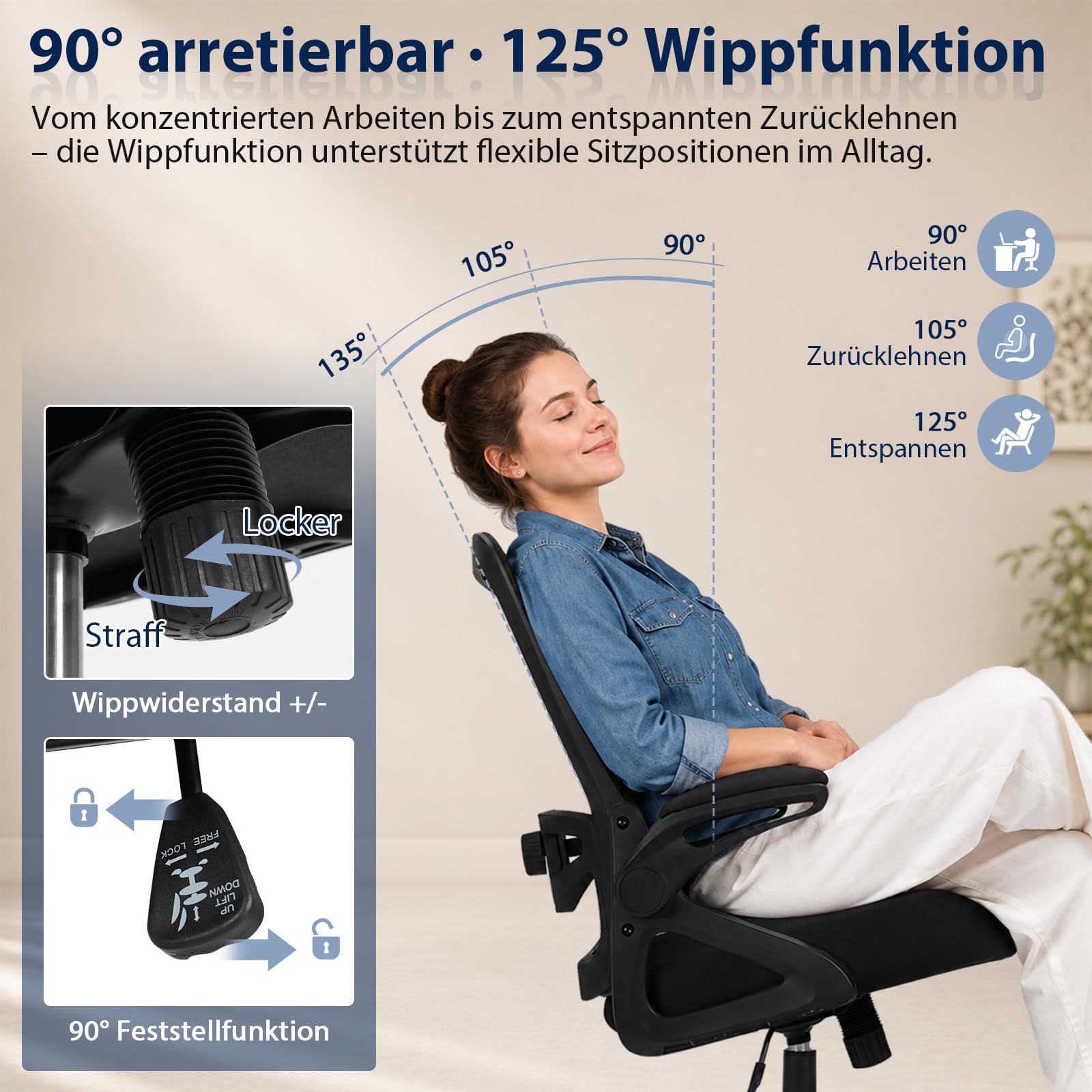 Ergonomischer Bürostuhl, Drehstuhl ohne Kopfstütze, 4D-Lendenstütze, Kappbare Armlehnen, Wippfunktion bis 125°, 90° arretierbar, höhenverstellbarer Schreibtischstuhl, 130 kg, Schwarz
