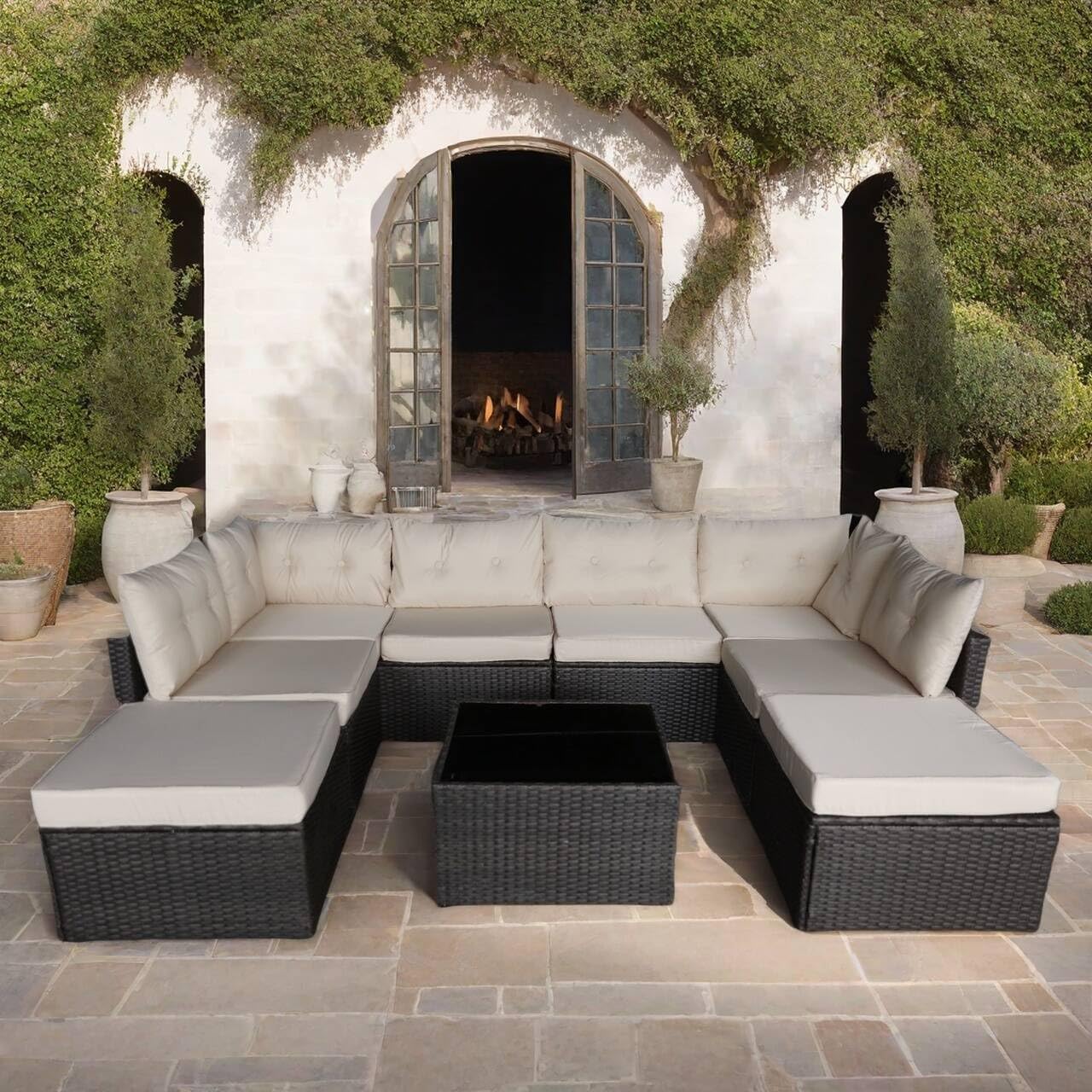 Générique Salon de Jardin Exterieur en Résine Tressée Poly Rotin Salon de Jardin 8 Personnes Fauteuil en rotin modulable, Entretien Facile