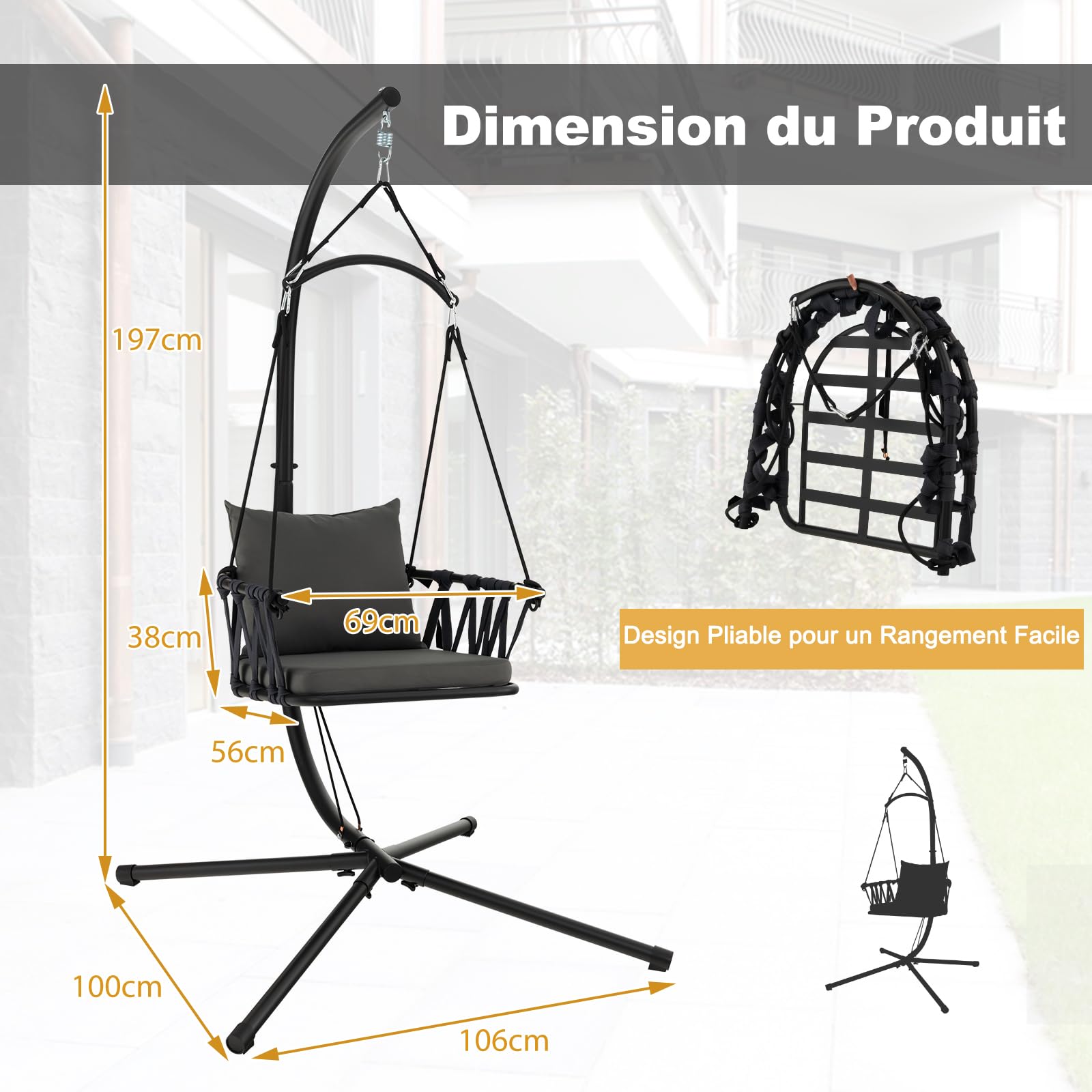 DREAMADE Chaise Suspendue Pliable avec Support Métallique,Balançoire avec Coussin&Oreiller&Dossier en Corde Tissée,Chaise Hamac Suspendue Intérieur Extérieur Charge de 150KG