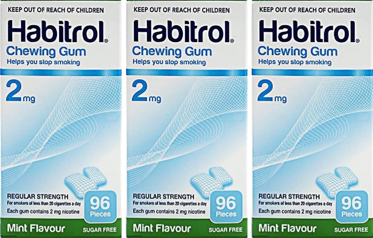 3 boxes Habitrol Nicotine Gum, 2mg MINT flavor COATED gum. 288 Pieces