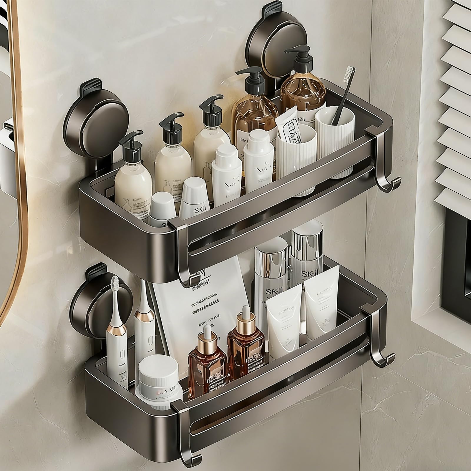 ONXE Suction Shower Caddy 2 Pack Suction Cup Shower Shelves with Hooks NO-Drilling Bathroom Shower Organizer and Storage