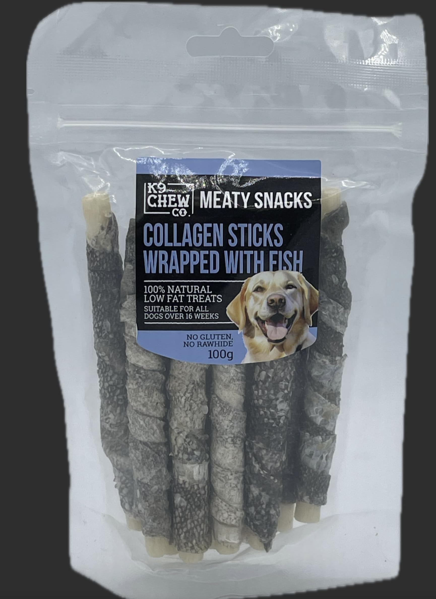 Meaty Snacks Collagen Wrapped with Fish stick 5" 100g 100% Natural Low Fat Dog Treats and Training Aid No Grain, No Gluten, No Rawhide