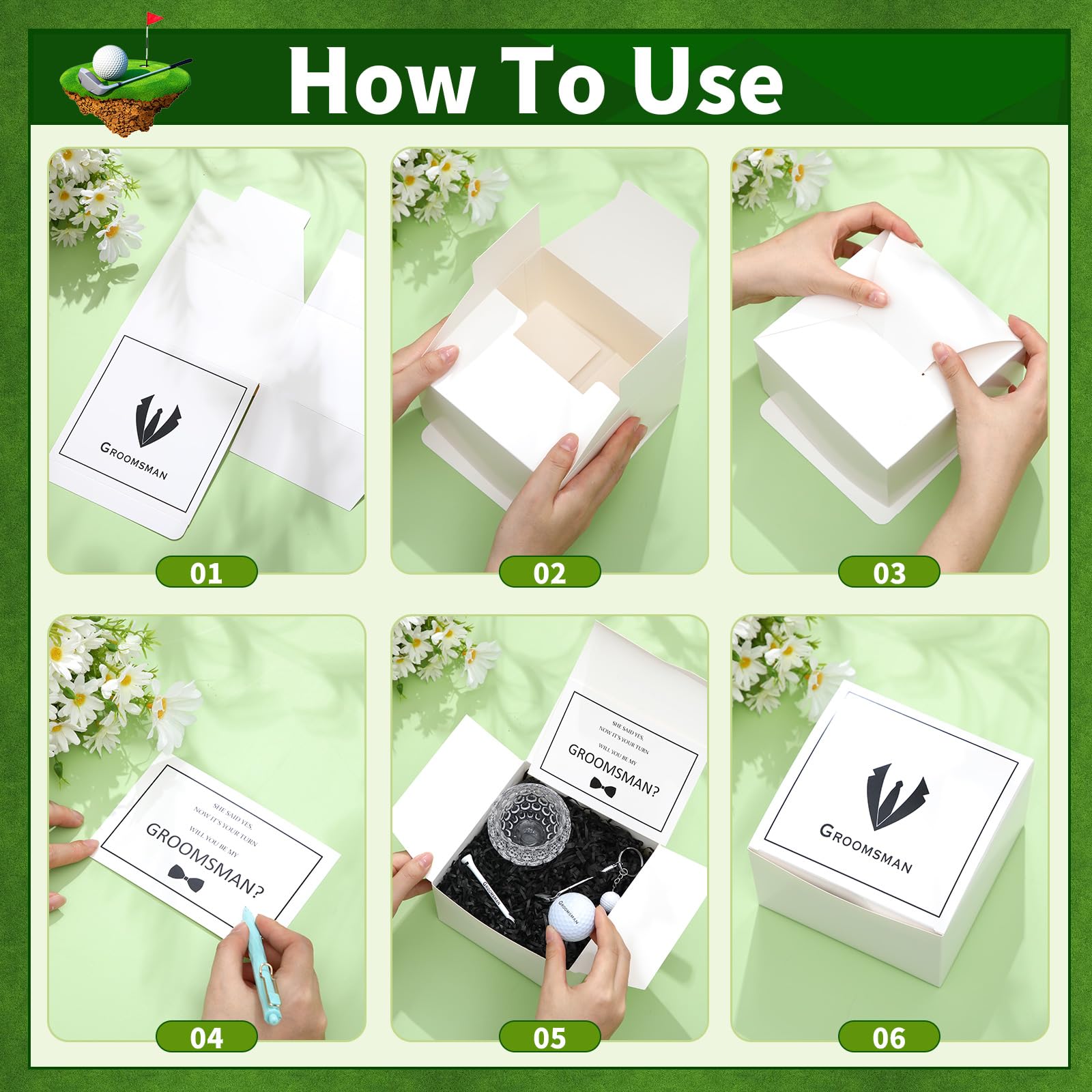 Funnymoom 36 Pcs Golf Groomsman Proposal Gift Box Set of 6, Golf Ball Tees Keychain Whiskey Glass with Invitation Cards Accessories for Wedding Best Men DIY Gifts