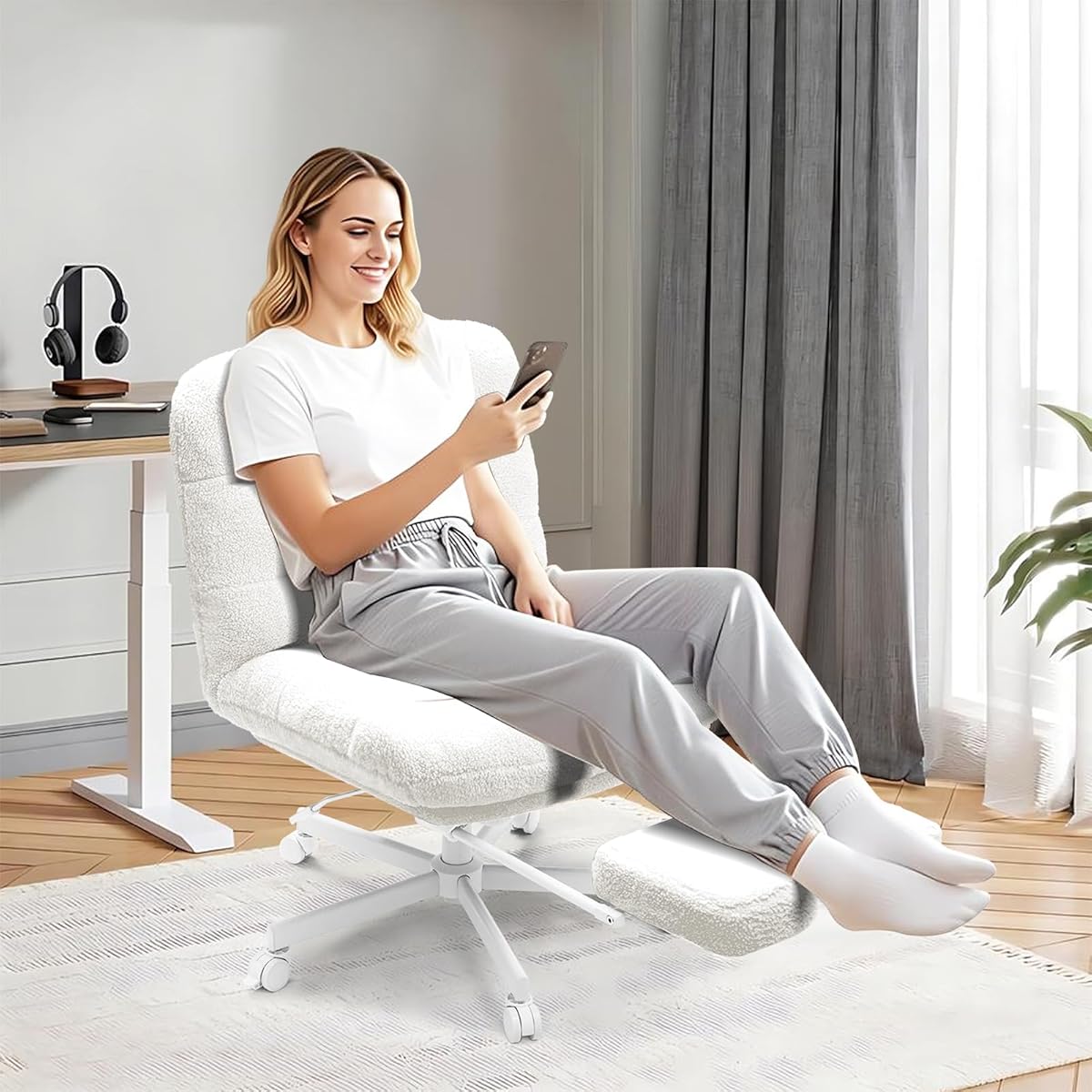 Wide Cross Legged Office Chair with Footrest, 400LB Capacity, Rocking, Height Adjustable, Locking Wheels & Armless. Ideal for Work, Gaming, Reading, Makeup - Teddy Plush White
