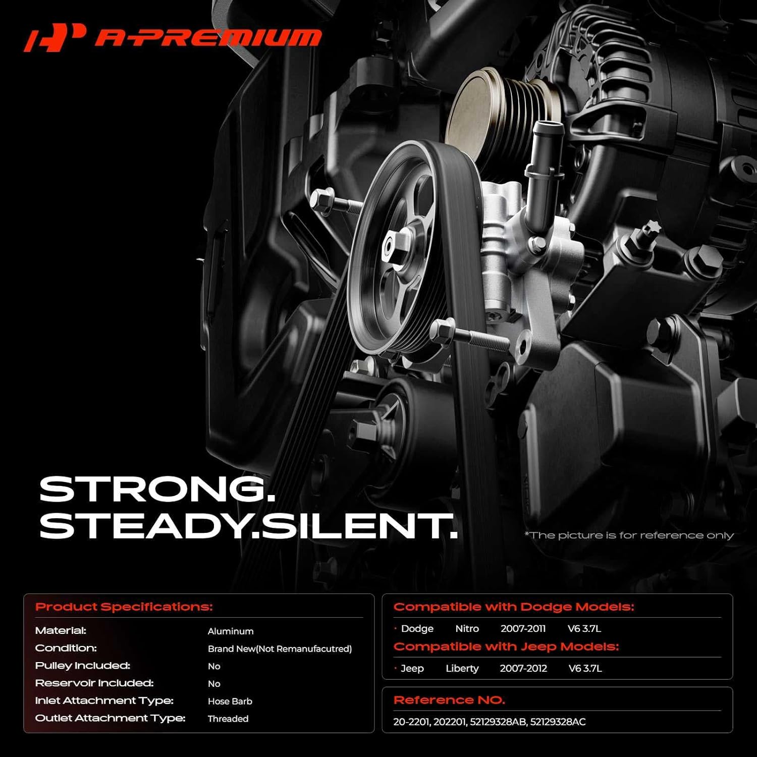 A-Premium Power Steering Pump Compatible with Dodge Nitro 2007-2011, Jeep Liberty 2007-2012, V6 3.7L, Replace # 52129328AC, 52129328AB