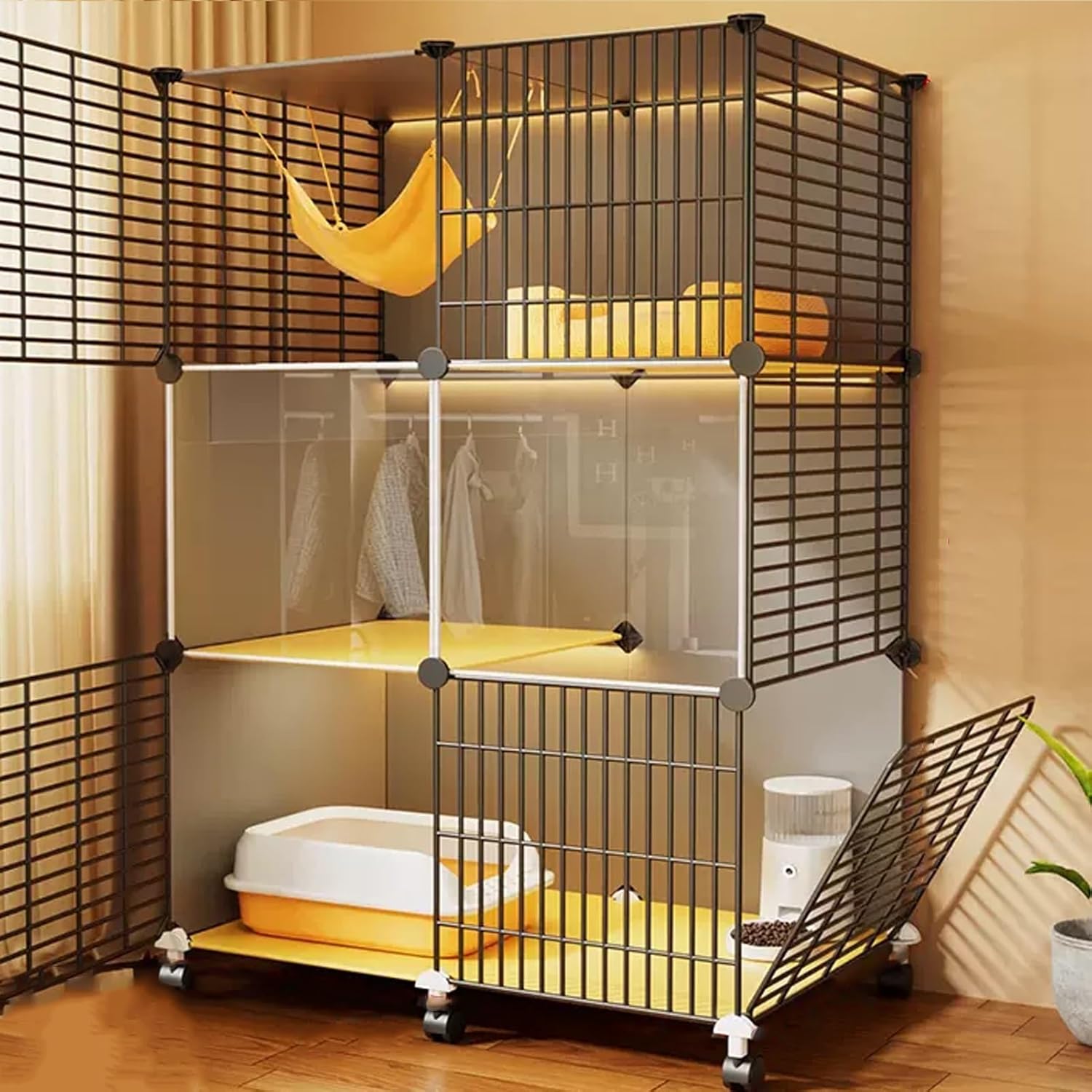 Large Cat Cages with Wheels, 2/3-Tier Cat Enclosure with Door, Detachable Metal Wire Pet Playpen for 1-3 Cats, Ideal Exercise Space (29x18.5x44/74x47x112cm)