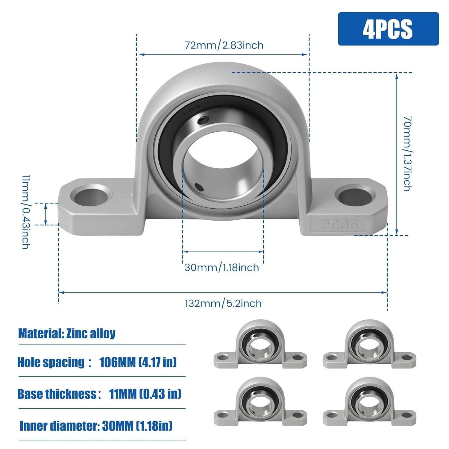 Suitable for Mechanical Equipment, a Set of Four 30mm Bearing housings with zinc Alloy Casings.