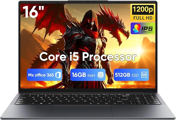 Ordinateur Portable 16" Gamer-Core i5-8210Y(Jusqu'à 3,6 GHz),16GB RAM,512GB SSD,Win 11 Pro,MS Office 365 Inclus,FHD 1920x1200 16:10,Wi-FI BT5.0,USB-A,HDMI,RJ45 (16 Go RAM,512 Go SSD)