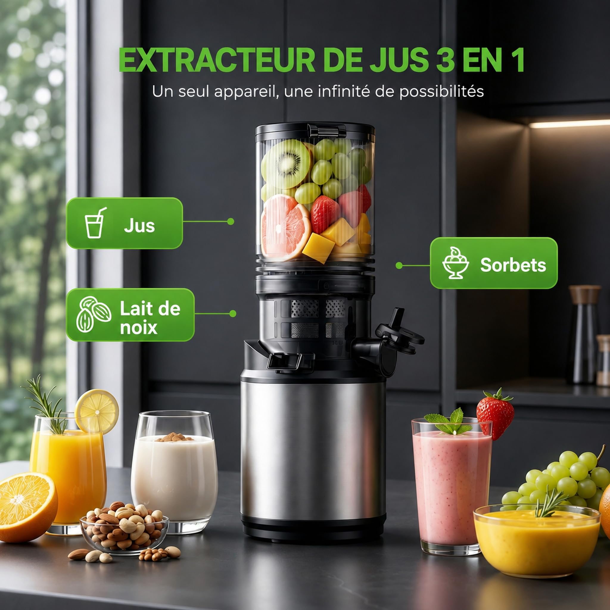 RUIE Extracteur de Jus de Fruits et Légumes, Extracteur de Jus à Grande Ouverture de 130 mm, Slow Juicer de 2 L, Moteur de 250 W, Pression à Froid, Fonction Inversion, Facile à Nettoyer