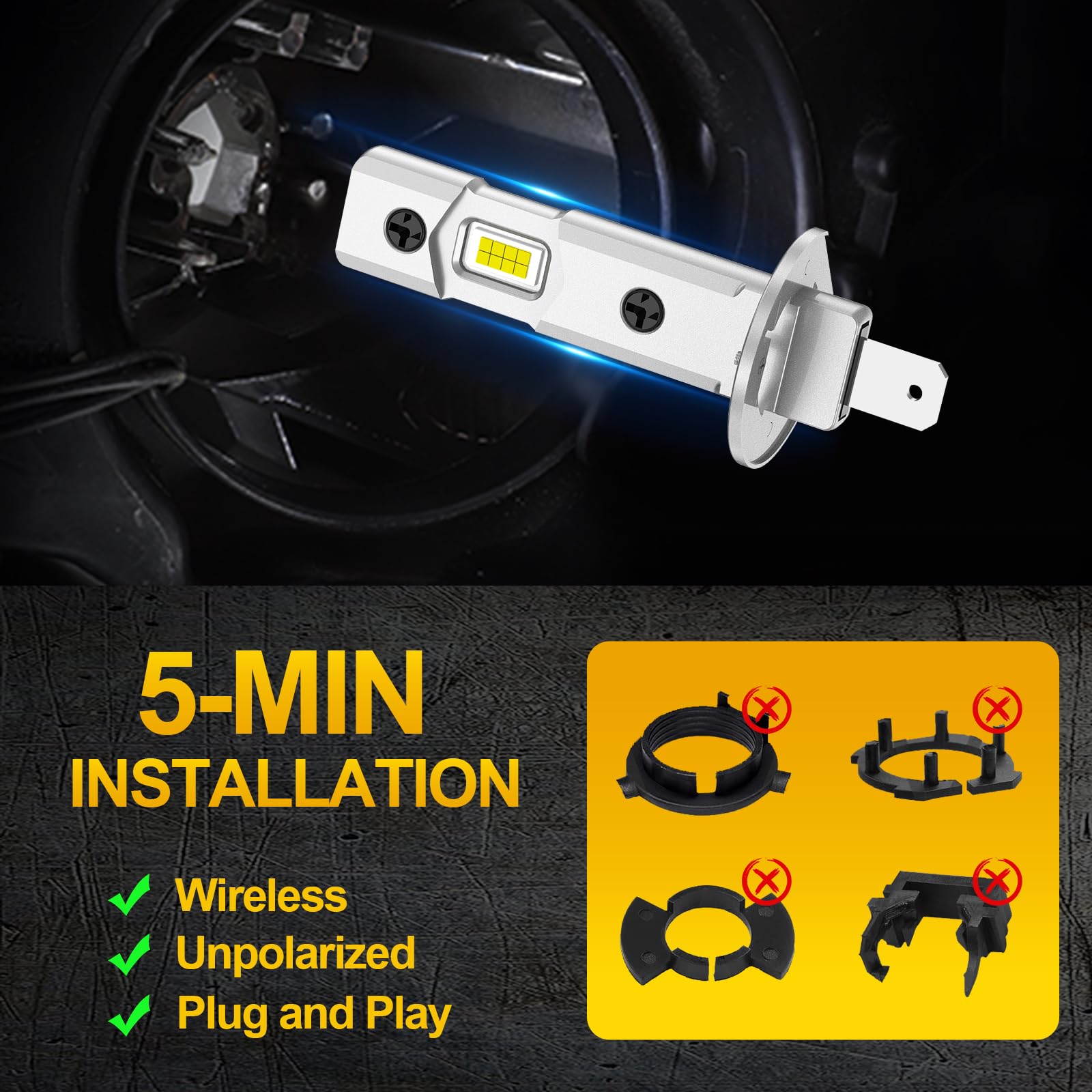 H1 LED,16000LM 12V 6500K bianco 60W 500% Plus Luminoso,Lampadina H1 LED Fari per Auto e Moto,Sostituzione alogena H1,2PCS