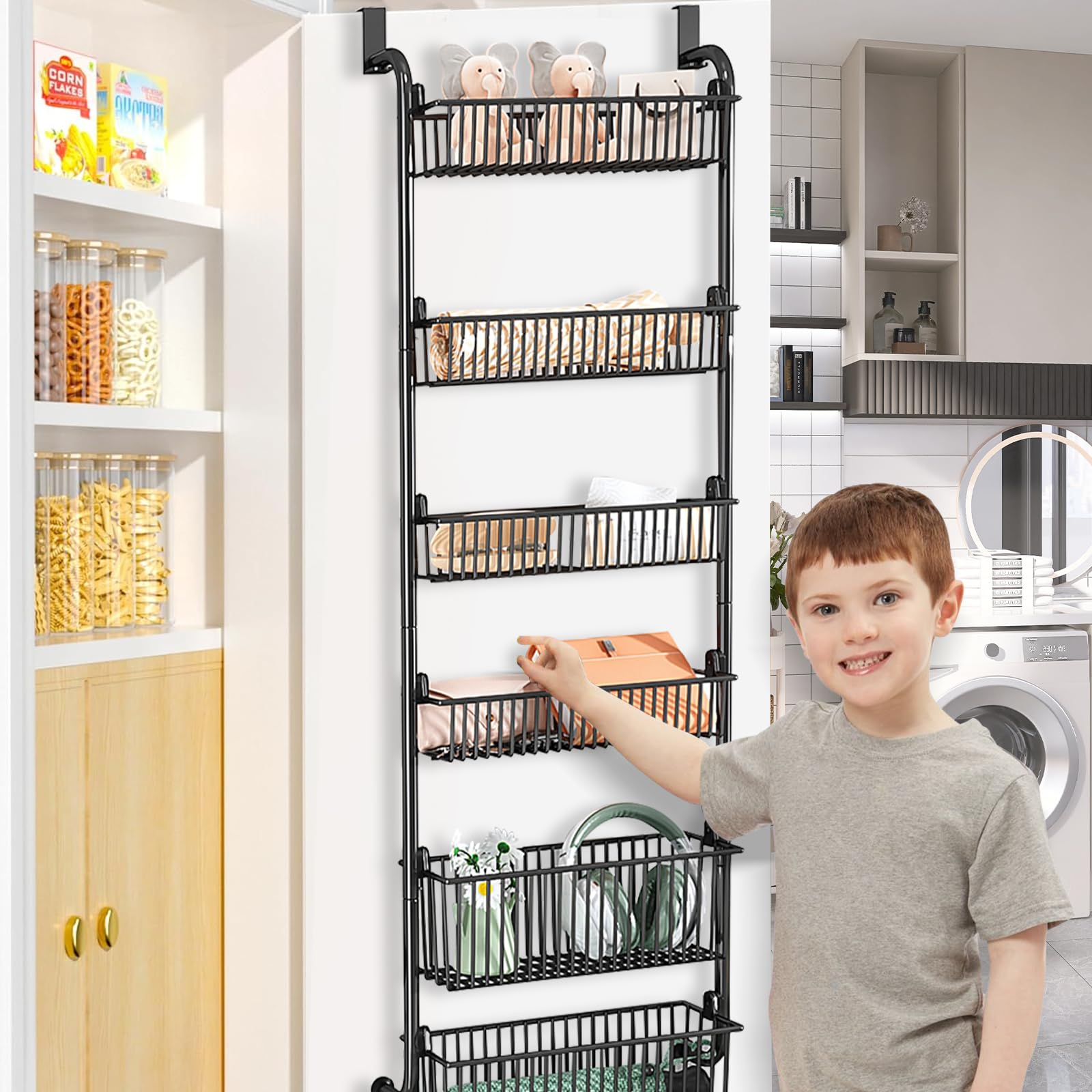 Organizzatore da appendere alla porta, organizer per spezie a 6 ripiani in metallo resistente per cucina - Organizer da appendere alla porta per cucina, bagno (Nero - 4 cestini piccoli + 2 grandi)