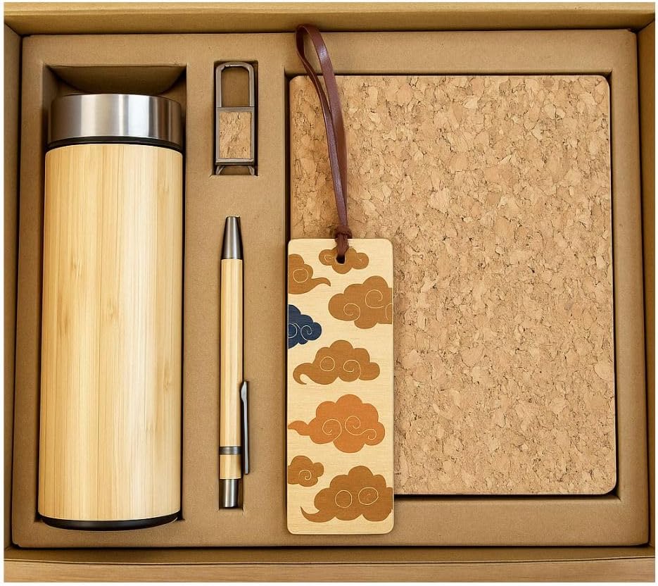 Corporate Gift Set – Eco-Friendly Bamboo Water Bottle, Handcrafted Journal, Pen, Keychain & Wooden Bookmark in Elegant Box – Employee Appreciation, Executive & Client Gift Box
