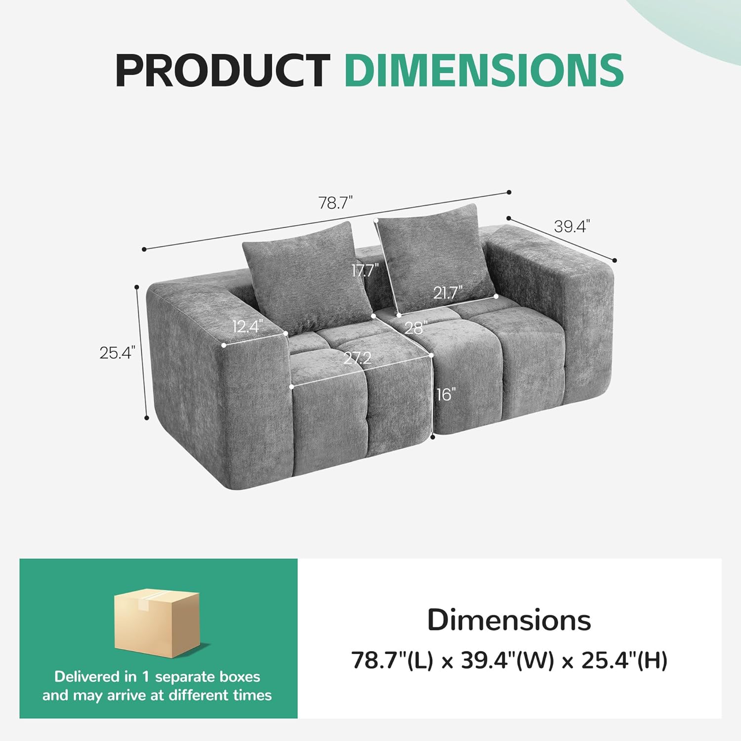 78.7" Boneless Modular Sectional Loveseat, Tufted Cloud Couch with Deep Seat, Chenille Sofa for Living Room, Compressed Sofa, No Assembly Required, Light Gray