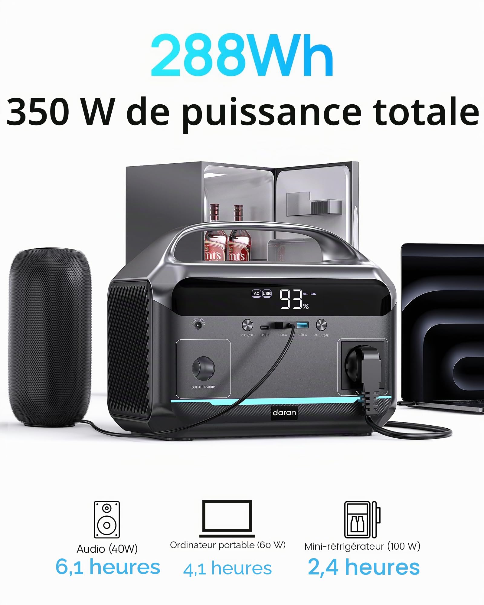 Station d'alimentation portable 350 W, batterie LiFePO4 288 Wh, générateur solaire avec 1 prises CA de 350 W (pointe de 700 W), charge rapide en 2,2 heures, stockage d'énergie mobile pour le camping