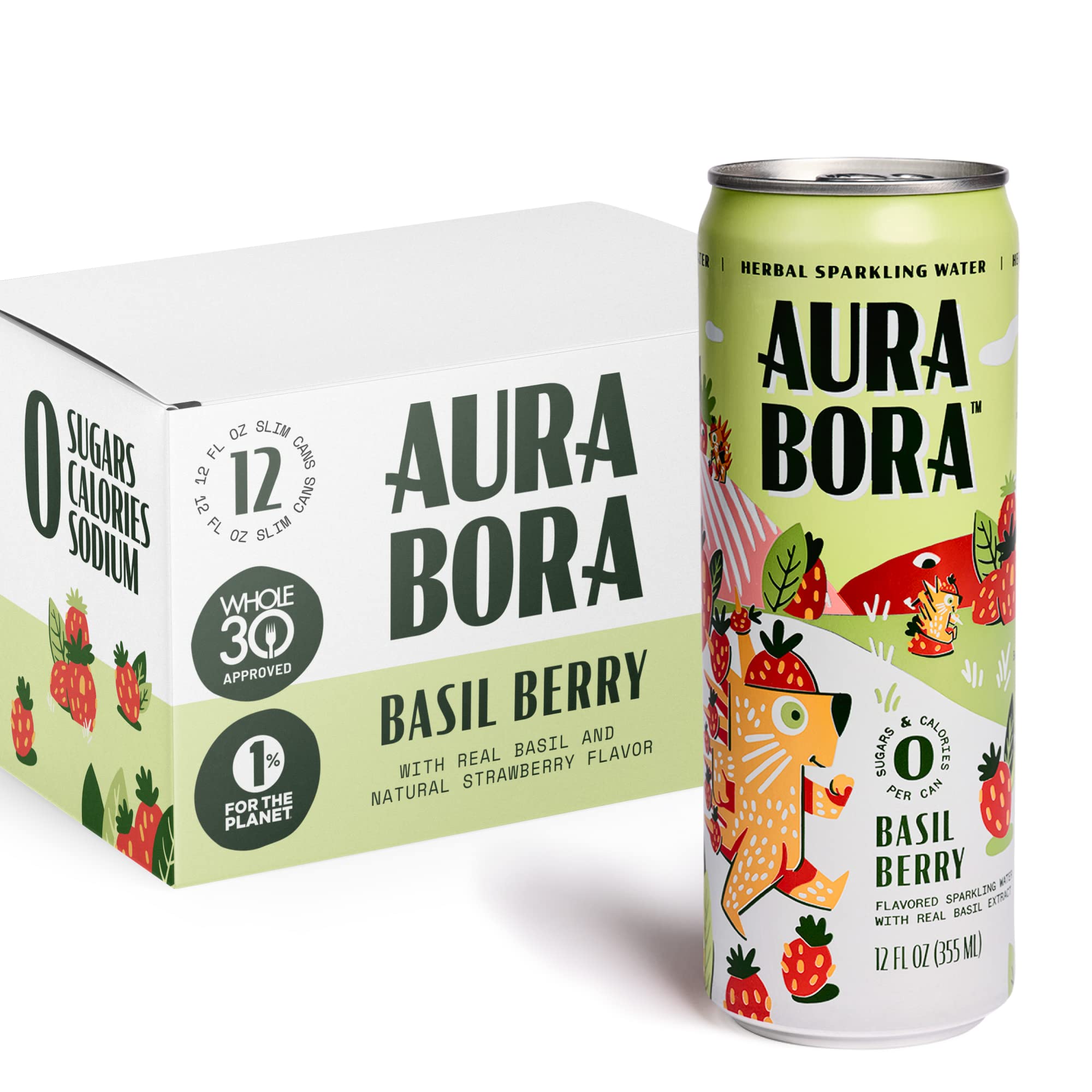 Aura Bora, Strawberry Basil Herbal Sparkling Water, 12 oz Can (Pack of 12), 0 Calories, 0 Sugar, 0 Sodium, Non-GMO