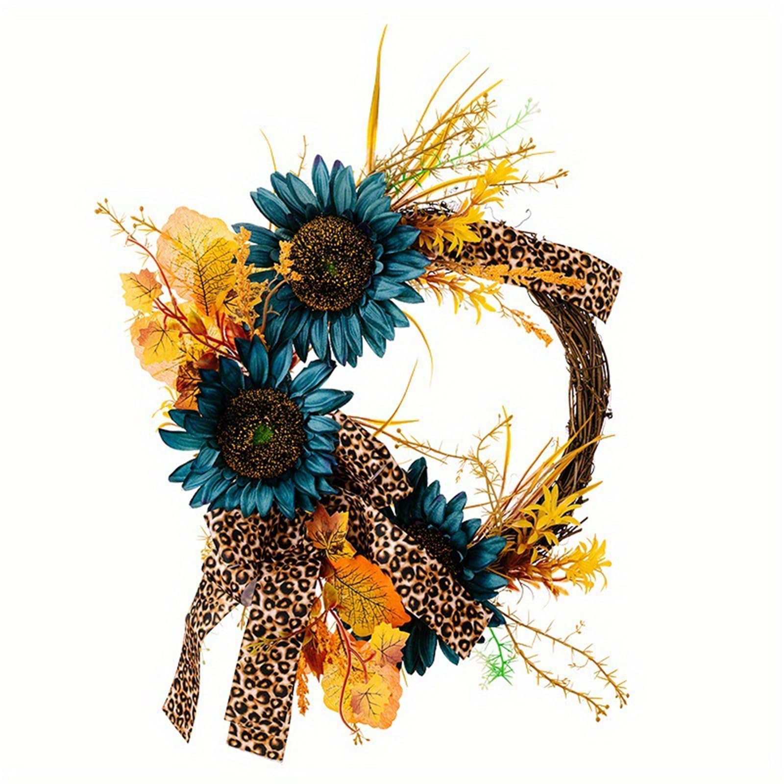 Artificial Blue Flowers Wreath for Front Door Farmhouses Wedding Holiday Decorations, Harvest Wreath with Bows Festival Hairband