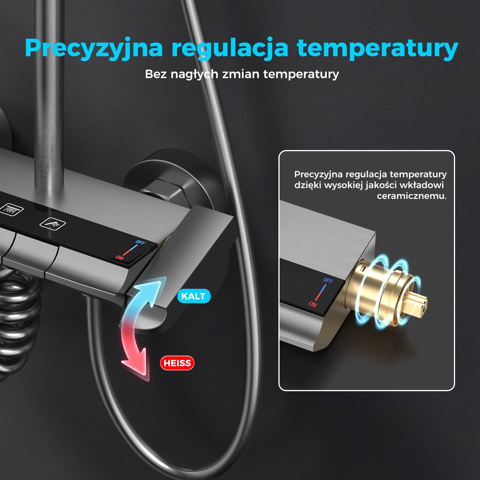 Kompletny Zestaw Prysznicowy z Regulowaną Wysokością Drążka i Kwadratową Deszczownicą, Bateria Prysznicowa z Przyciskami w Stylu Pianina, Zestaw Prysznicowy do Łazienki z 4 Rodzajami Strumienia Wody
